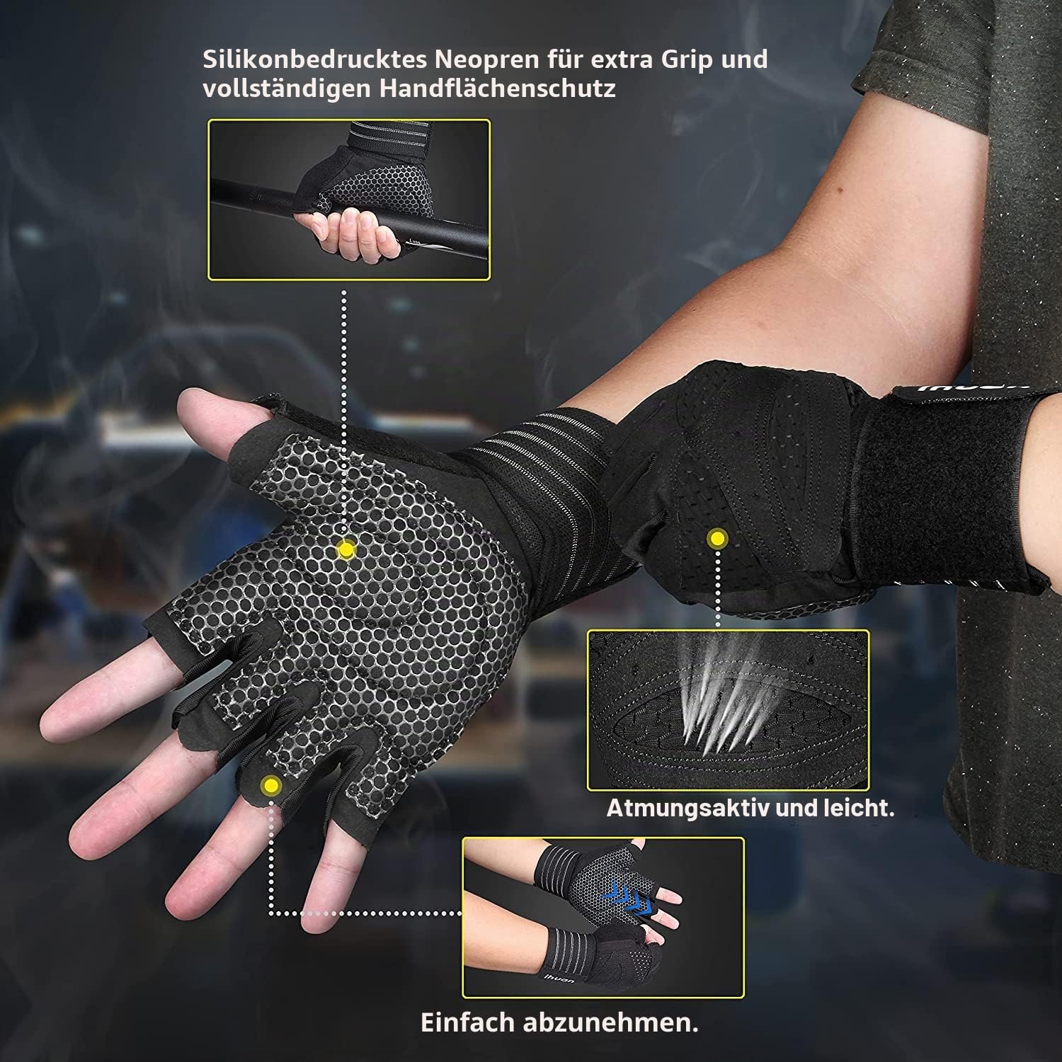 ihuan Belüftete Fitness Handschuhe mit Handgelenkband-Unterstützung für Herren und Frauen | Schwarze Trainingshandschuhe | kompletter Handflächenschutz für Gewichtheben, Training