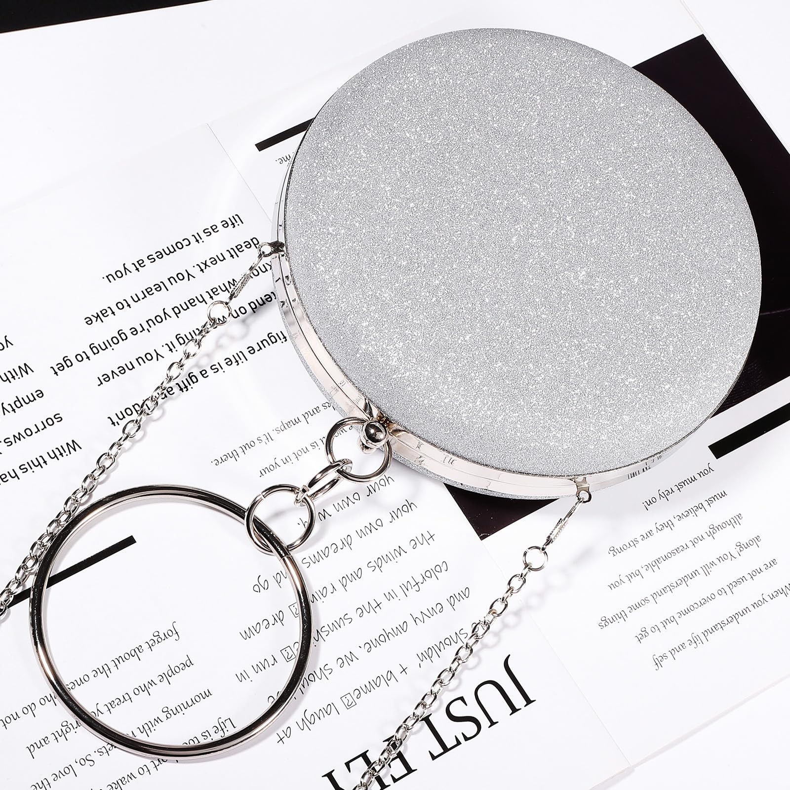 Abendclutch und Rundem Ring aus Pu Leder mit Abnehmbarer Perlenkette Runde in Silber mit Metallkette Damen für Tanz und Party