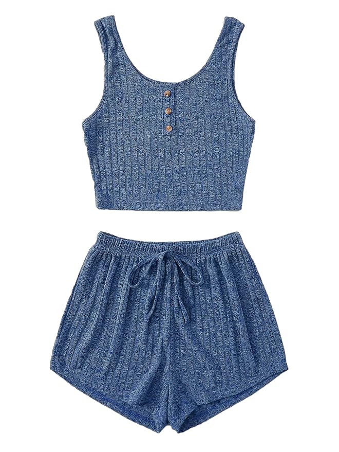 Buy SheIn Women's 2 Piece Sleeveless Button Crop Tank Tops and Shorts