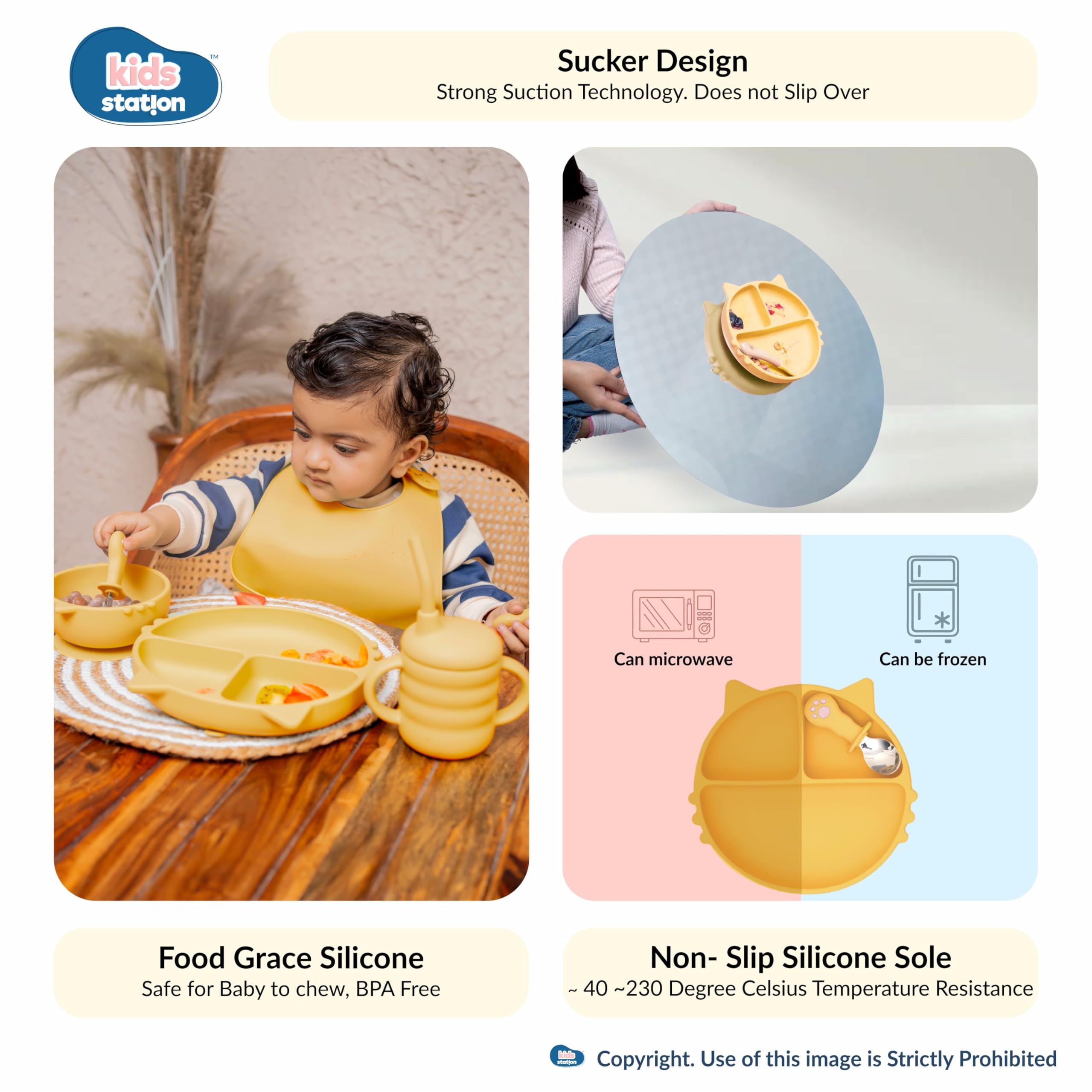 Kids Station 6 Piece Portable Cat Shaped Silicone Baby Feeding Set - Baby Bib, Plate, Fork, Sipper, Spoon and Bowl   , Mealtime Essentials, Promotes Baby Self-Feeding for Highchair (Yellow) - Image 3 thumbnail