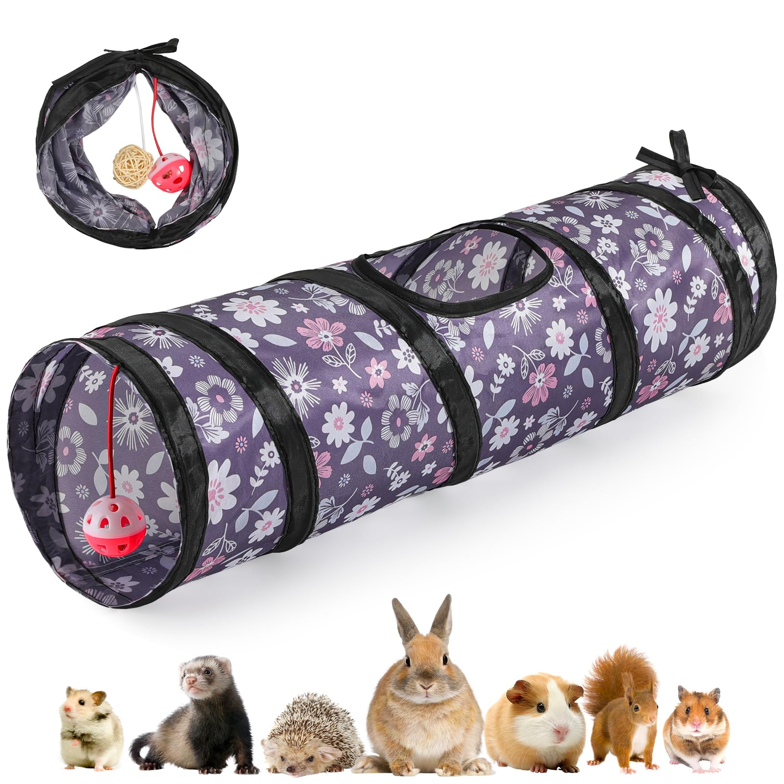 Pawaboo Small Pet Straight Tunnel, 23.6in Guinea Pig Tunnels and Hamster Tubes, Collapsible Small Animal Hideout with Interactive Bell and Balls, for Hamsters Guinea Pigs Rabbits Ferrets Chicks,Flower