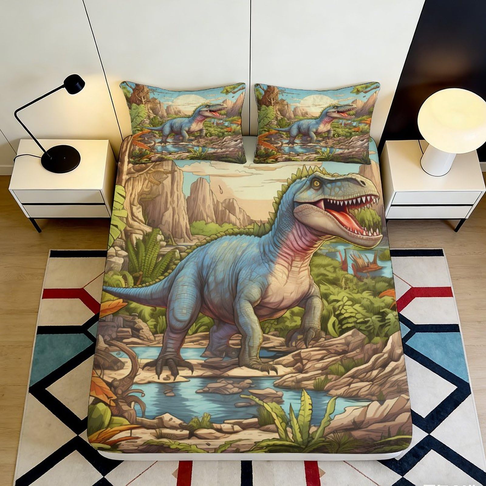 3D Printed Dinosaur Pattern Fitted Sheet Microfiber Soft Breathable Jurassic Theme Bed Cover for Bedroom Dormitory Guest Room Mattress Protection 120x200x25cm