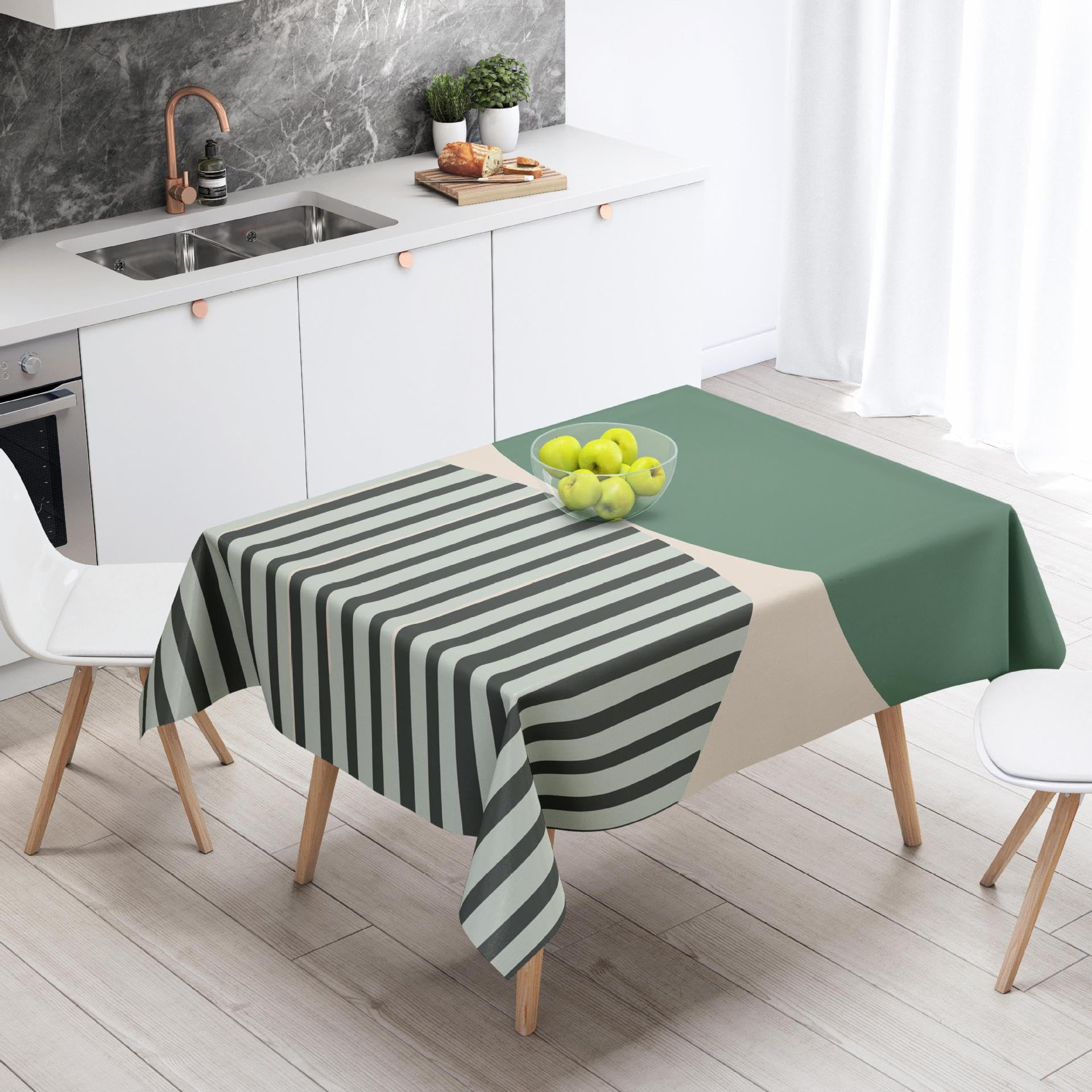 Mantel Antimanchas Verde Beige A Rayas Mantel Tela Poliéster Impermeable Lavable Manteles de Mesa Rectangular para Interior y Exterior Casa Comedor Cocina Fiesta(140x200cm)