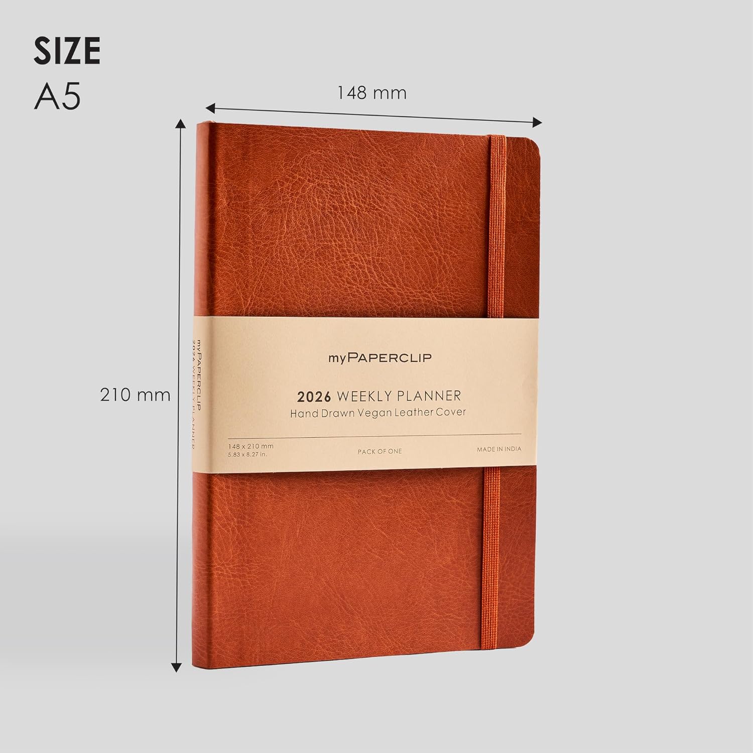 myPAPERCLIP 2026 Weekly Planner | Italian Vegan Leather Cover, 192 Pages, 80 GSM, A5 (5.83 x 8.27 in) | Flat Lay | Yearly Calendar, Monthly Overview & Weekly Planner Layout | Tan