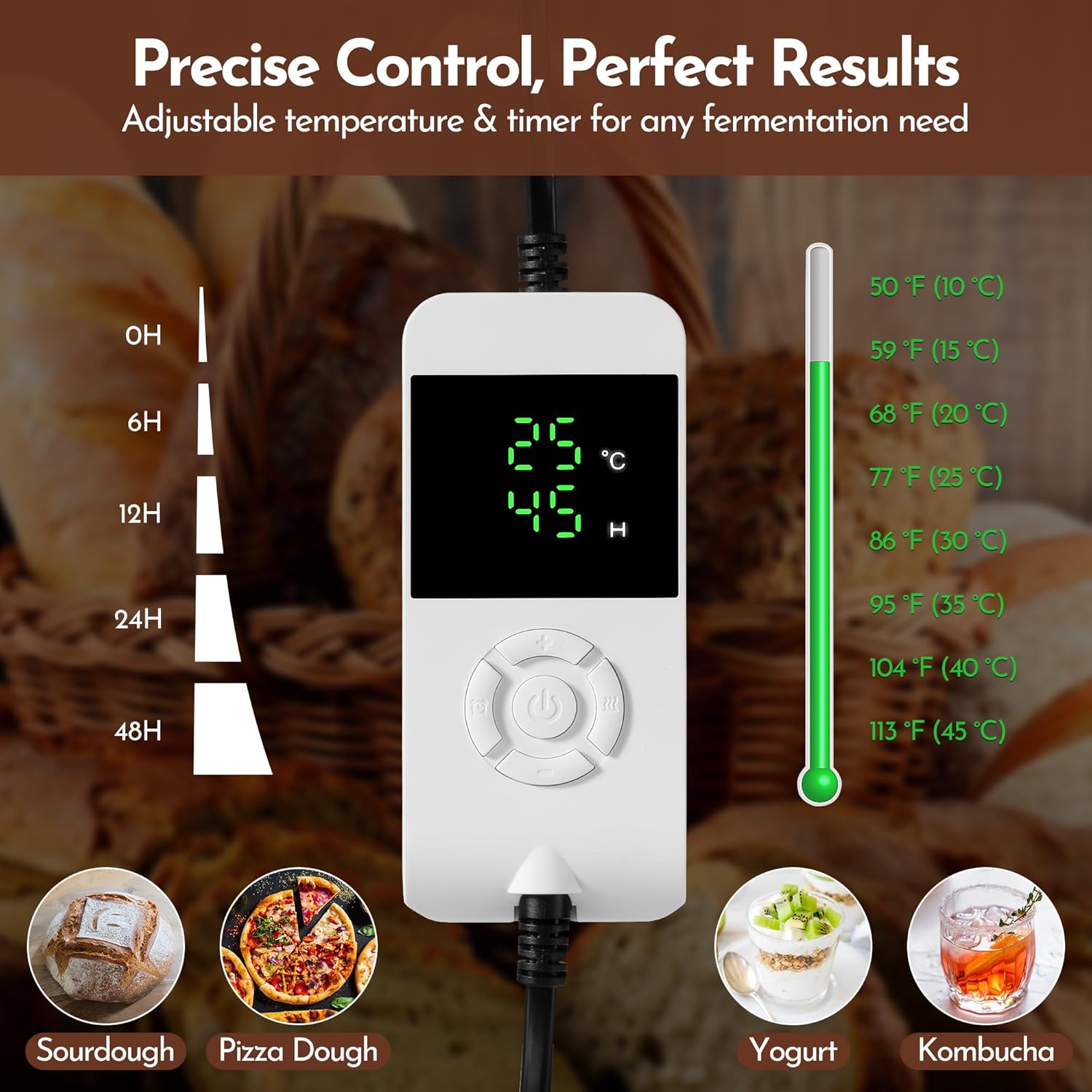 Bread Proofing Box 40 x 30 x 25cm Sourdough Box with Temperature Control, 7Ft Cord, Timer – 3 Heating Layer Sides Sourdough Baking Supplies for Beginners, Pros – US Standard Plug