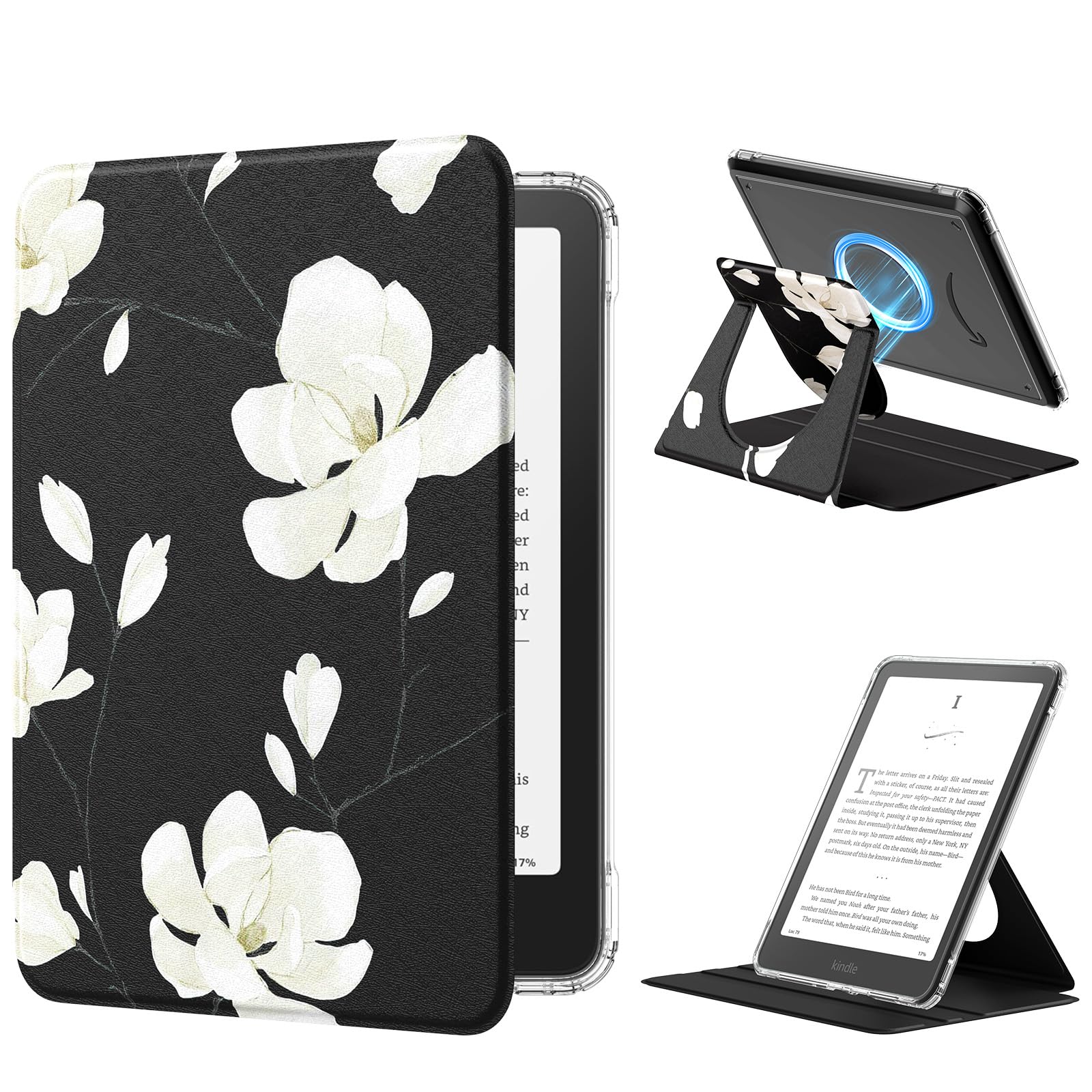 MoKo 360° Rotating Case for 7" eBook Reader 12th Generation 2024, Clear Back Detachable Magnetic Protective Adjustable Stand Cover with Auto Wake/Sleep, Not for TCL Remarkable Kobo, Magnolia-picture-28