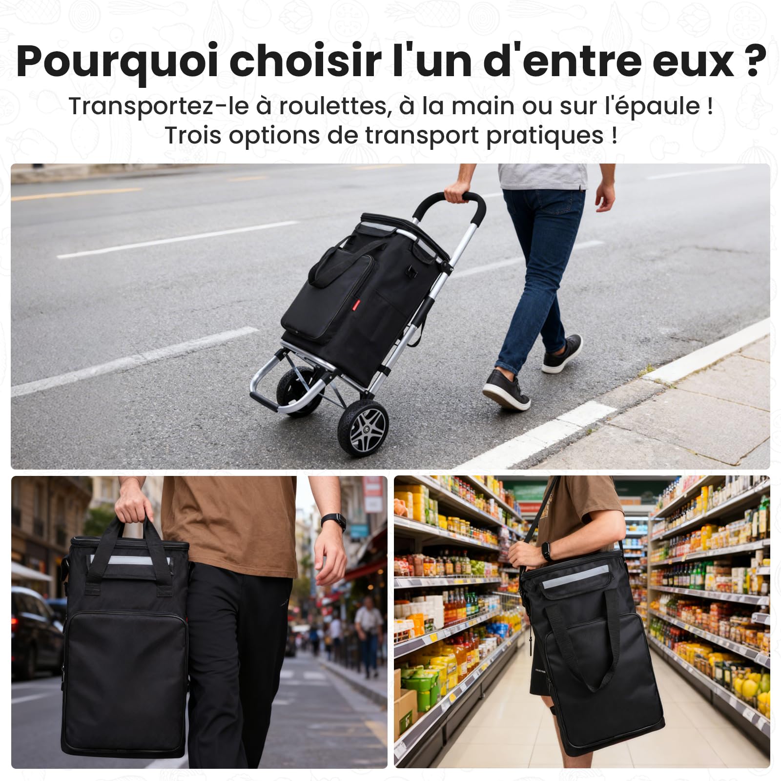 YEAUPE PRO Chariot de Courses, Capacité 50 L - Cadre en Aluminium, 2 Roues, Chariot 3 en 1 avec Sac Isotherme - pour Supermarché, Picnic, Voyages - Noir