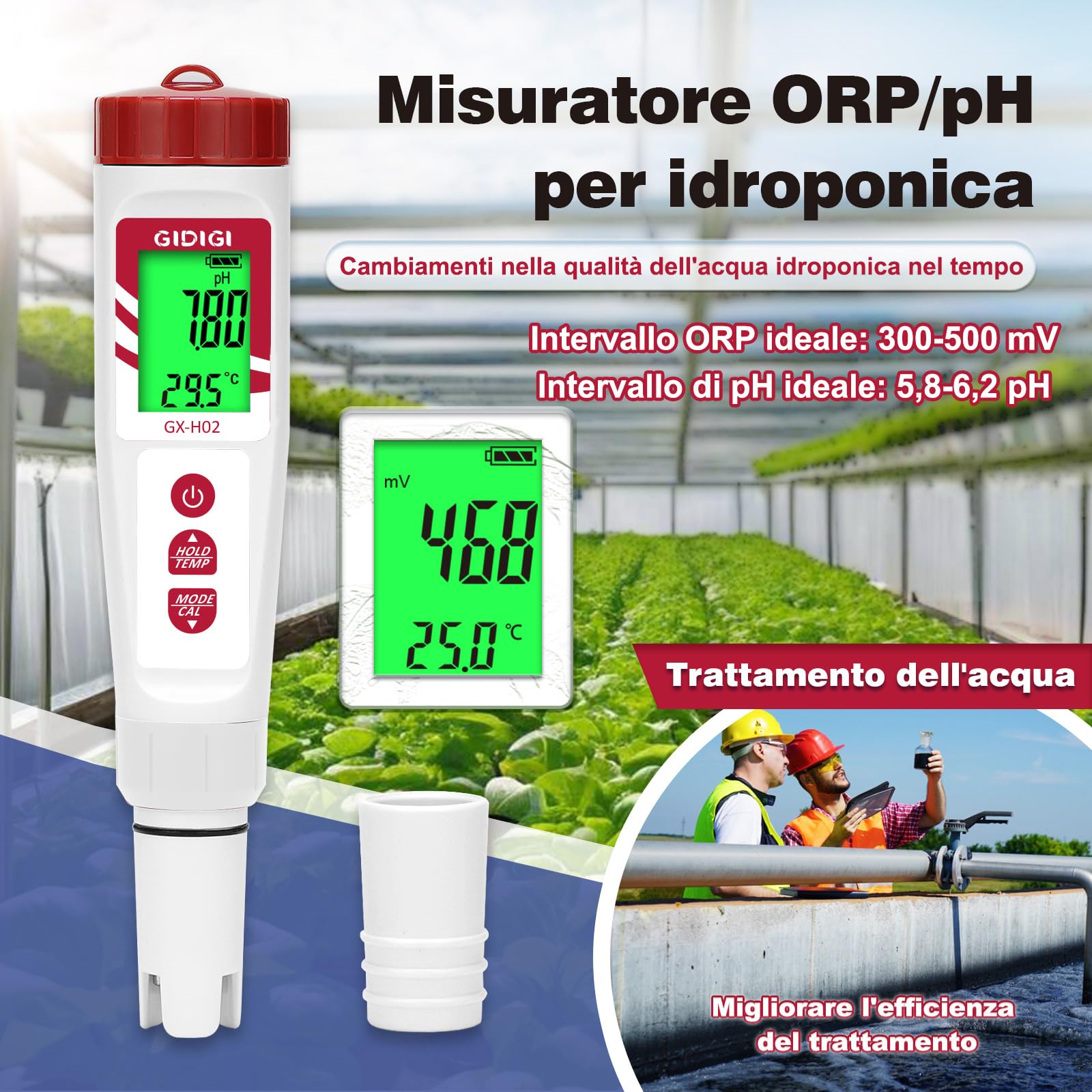 Tester di idrogeno per acqua, misuratore di pH GIDIGI, misuratore di qualità dell'acqua digitale pH/ORP/H2/Temp con ATC, tester ORP, tester di idrogeno ad alta precisione per acqua potabile idroponica