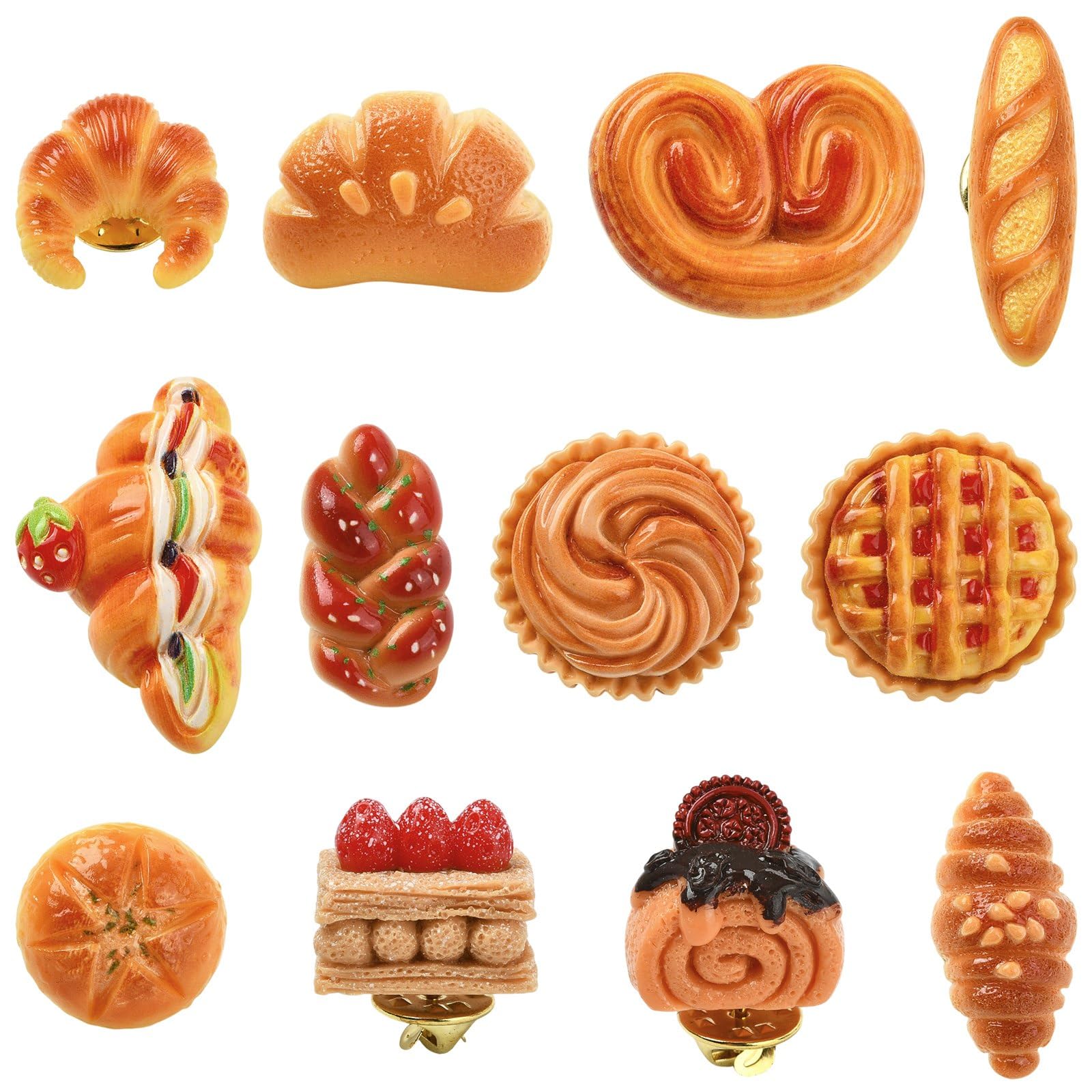 12Pcs Baking Food Theme Resin Brooch Pins Breakfast Afternoon Croissant Waffle Bread Lapel Pins for Backpacks Hat Decor
