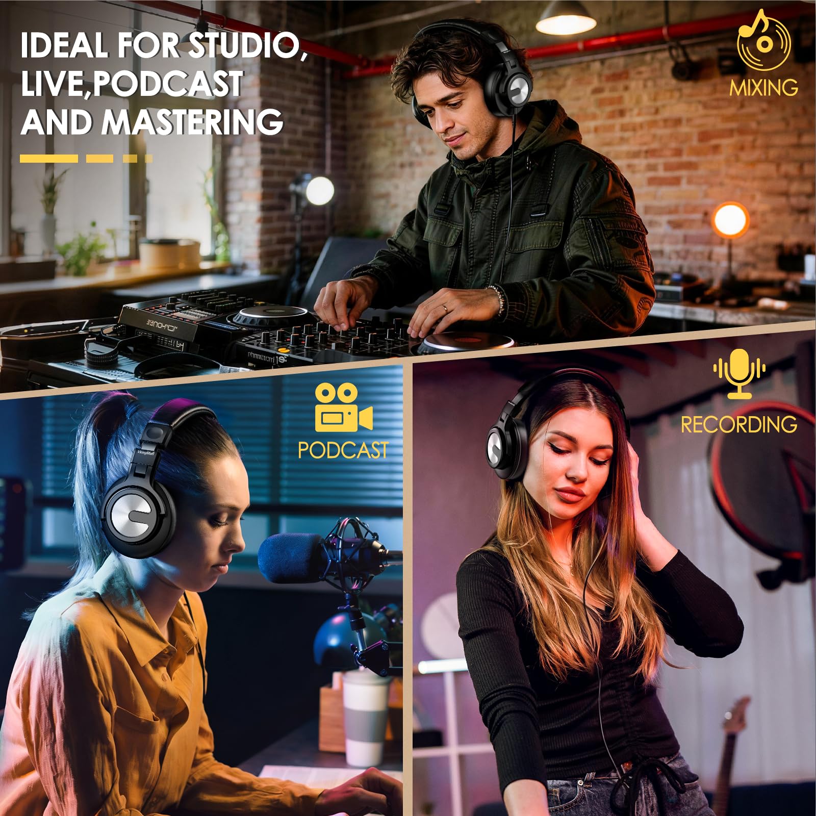 Auriculares de estudio, auriculares profesionales de DJ con controladores de 50 mm, auriculares sobre la oreja con cable con conector USB-C de 6,35 mm/3,5 mm/para monitor de estudio y mezcla