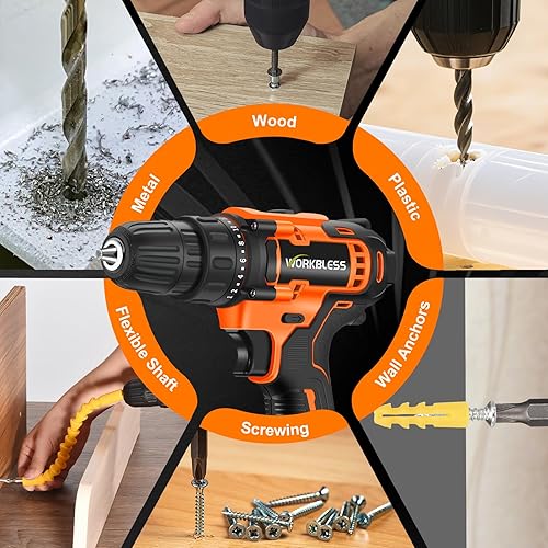 Miniatura 8 de WorkBless - Juego de taladro eléctrico de 21 V, taladro inalámbrico con batería y cargador, portabrocas sin llave de 38 pulgadas, velocidad