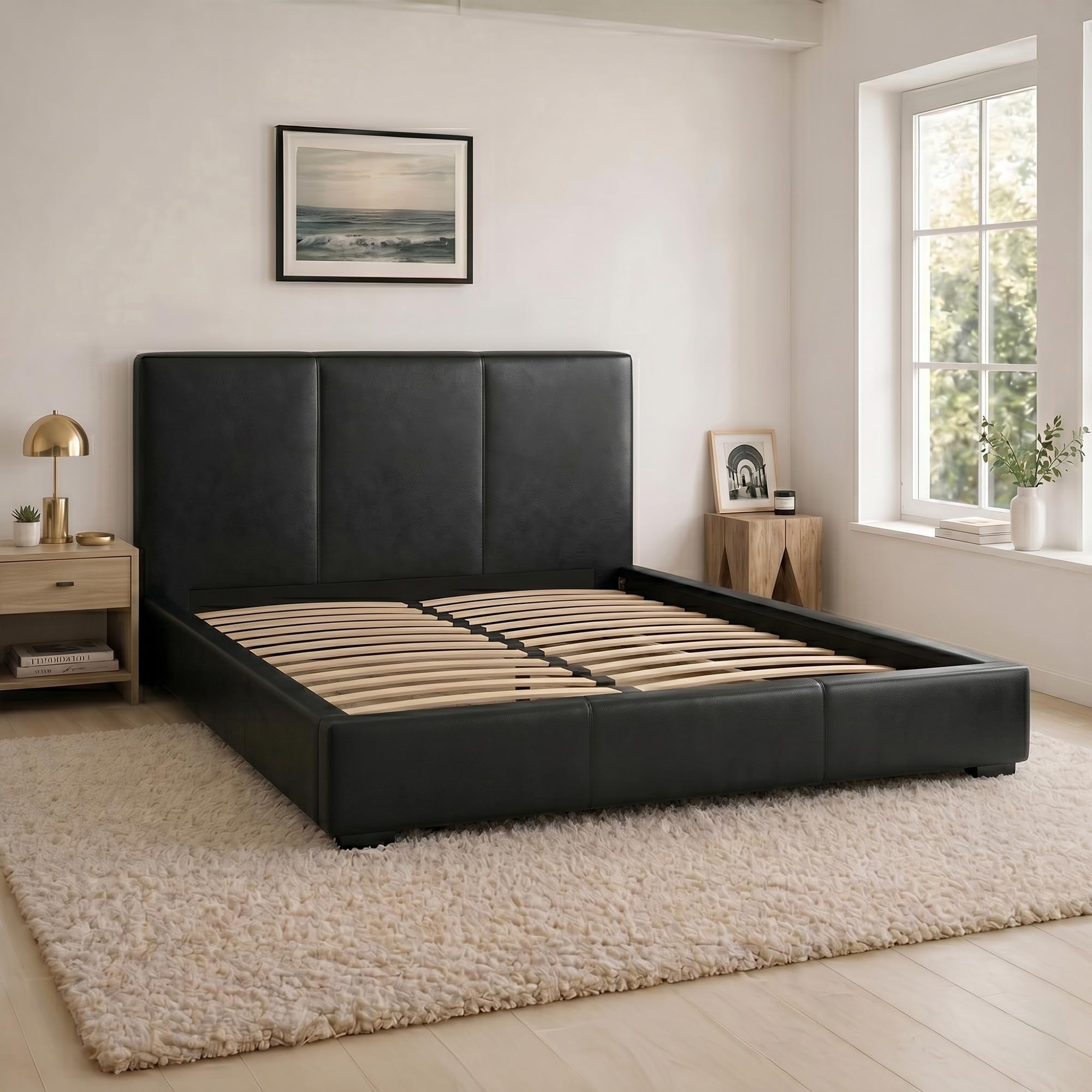 SANA SLEEP 4FT Small Double Size Modern Pia Ottoman Gas Lift Storage Faux Leather Bed - Black โ image 1