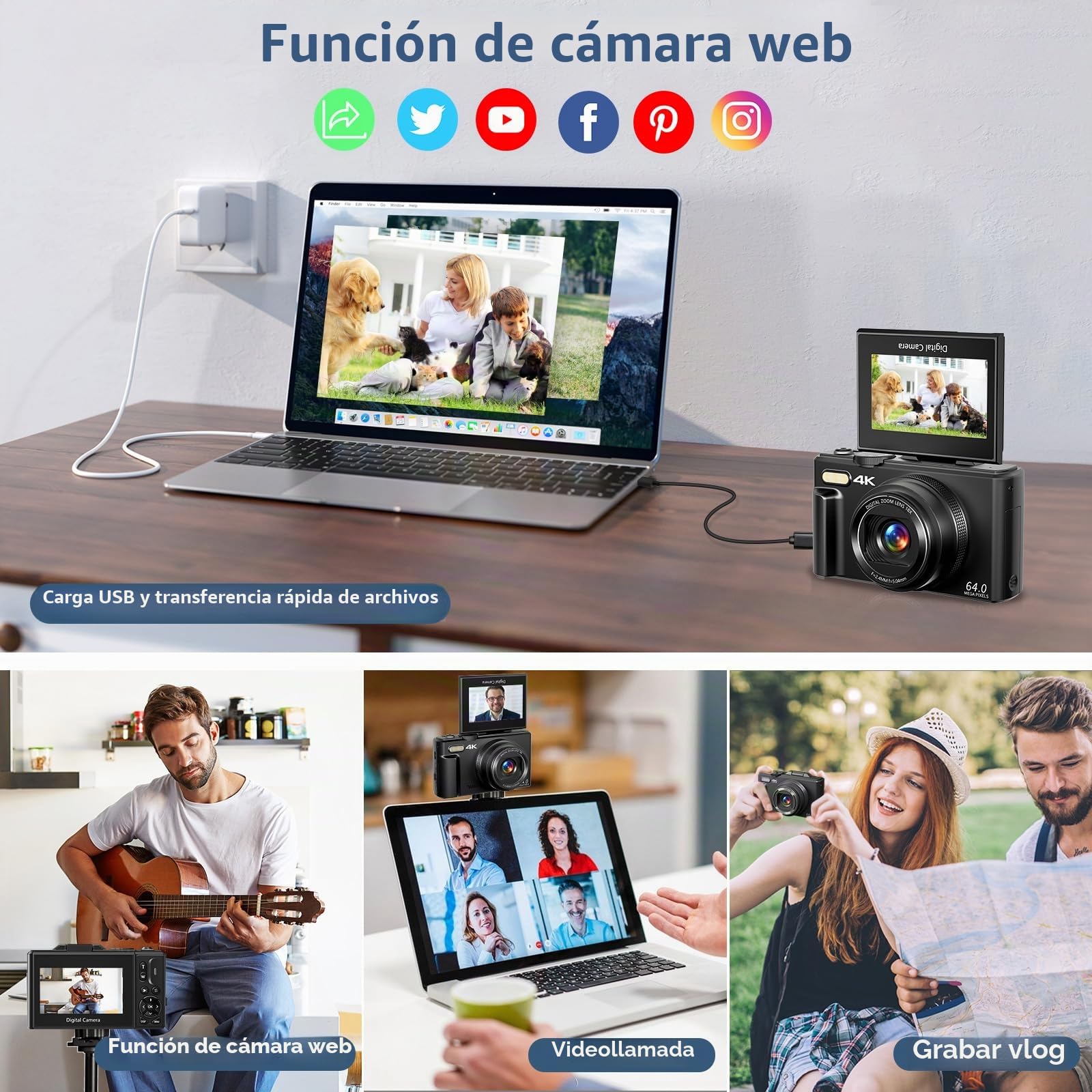 Gavonde Cámara digital para fotografía, cámara de vlogging 4K con pantalla abatible de 3 pulgadas de 180°, zoom digital de 18X, color negro