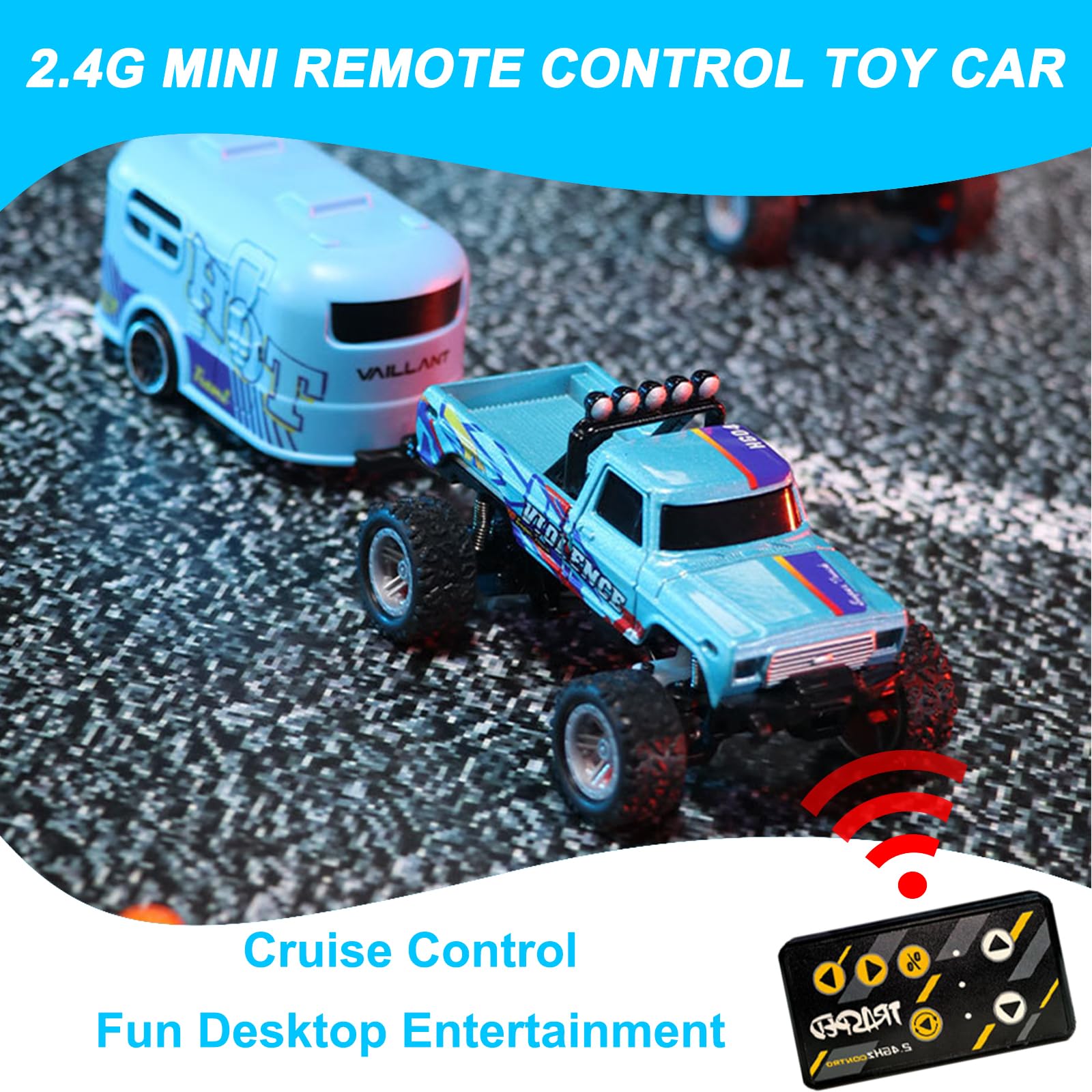 Blue Mini RC Monster Truck, 1/64 Scale Alloy Remote Control Cars with Mini Bus Toy - Image 4