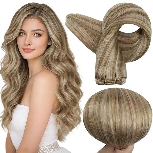 Miniatura 25 de Full Shine Extensiones de cabello humano de 22 pulgadas para coser, castaño a rubio miel, mezcla de rubio platino, 3.70 oz