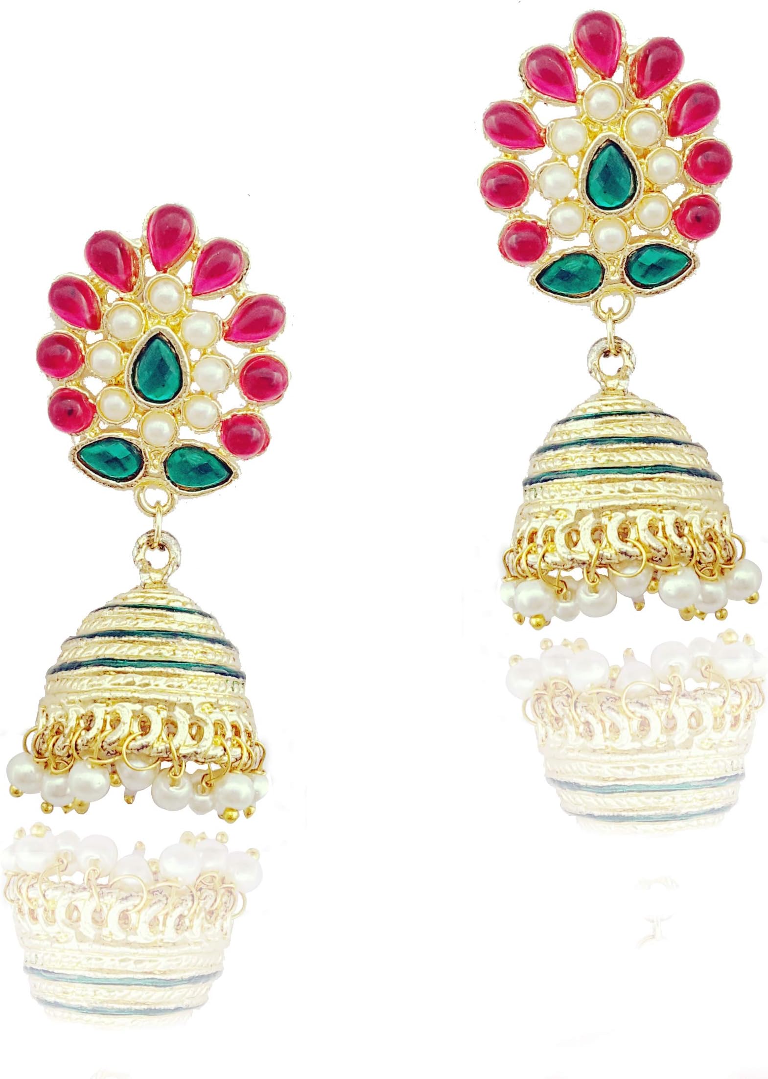 Traditional Indian Golden Minakari Jhumka Earrings With Pearls for Women/Ethnic Golden Jhumki Drop Earrings (Pink) (Green)