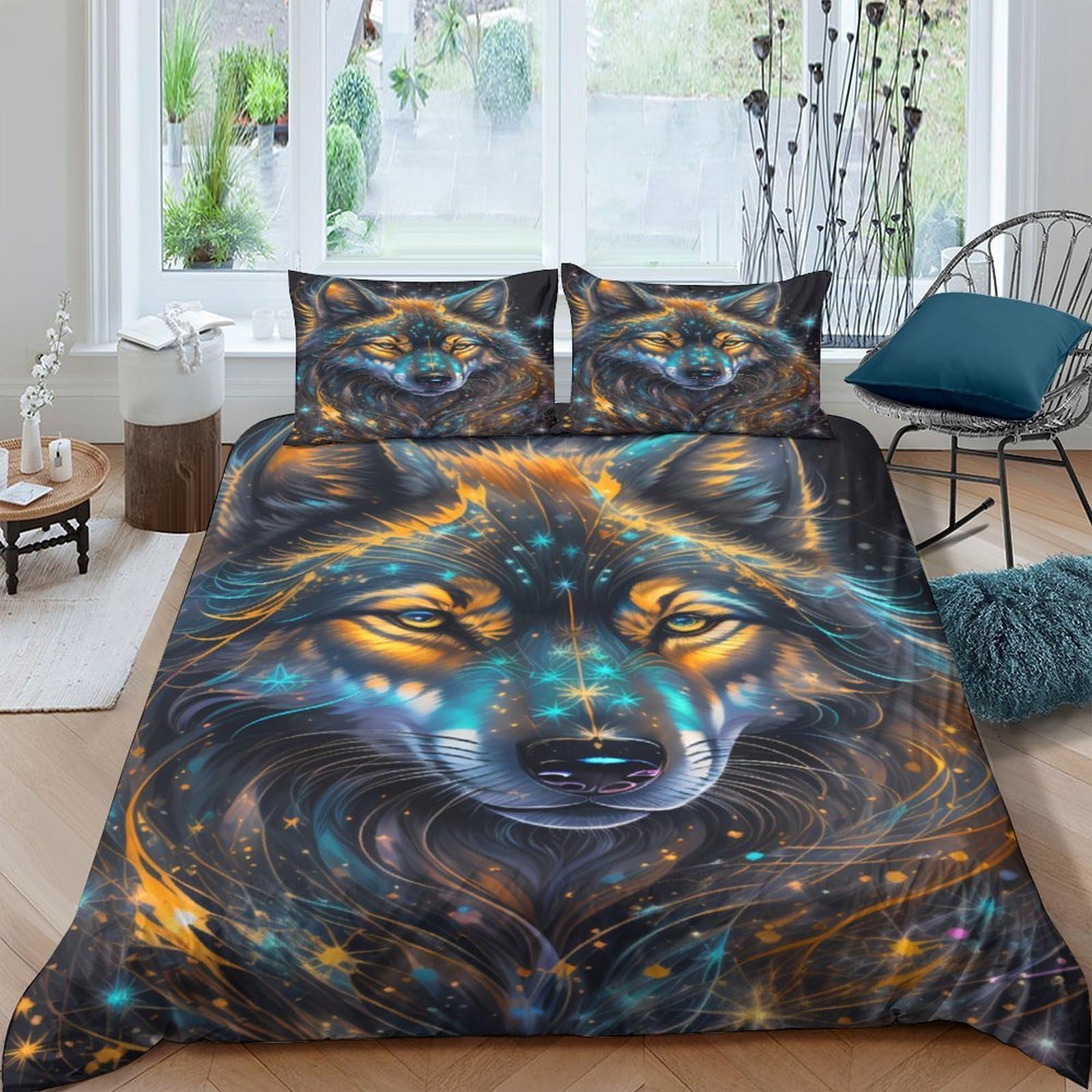 P5V6M1Q9 3D Printed Galaxy Wolf Duvet Cover Set Microfiber Soft Breathable Cosmic Night Bedding with 2 Pillowcases for Bedroom Decor Single（135x200cm）