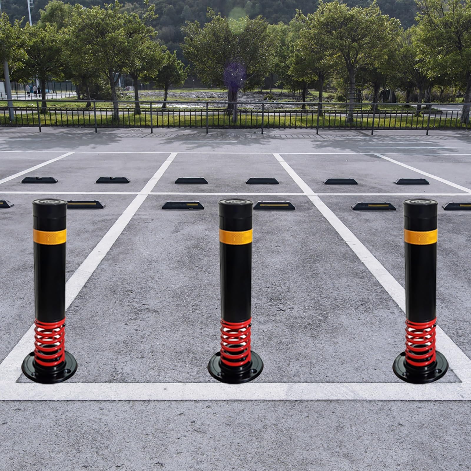 60cm Bollard de Sécurité à Ressort, Borne de Sécurité en Tuyau d'acier avec Bande Réfléchissante, Colonne Anti-Collision pour Stationnement et Zone Sensible à la Circulation(4pcs)
