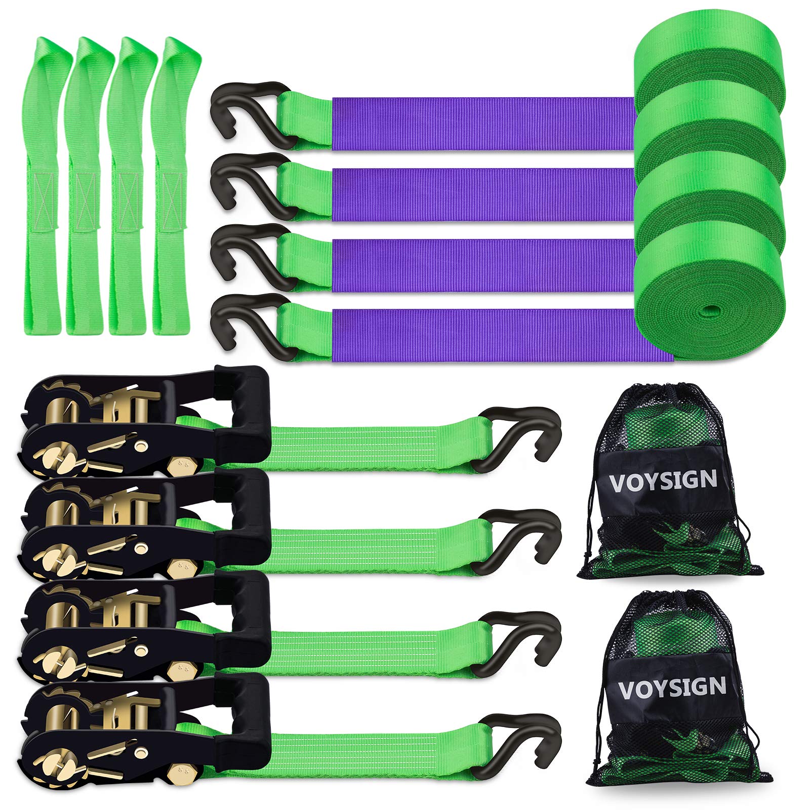 VOYSIGN Heavy Duty Ratchet Straps - 6600lb Break Strength, Includes 1.5in X 15ft Rachet Tie Downs with Padded Handles & Metal Hooks, Soft Loops, Great for Moving, Cargo (Green) (4)