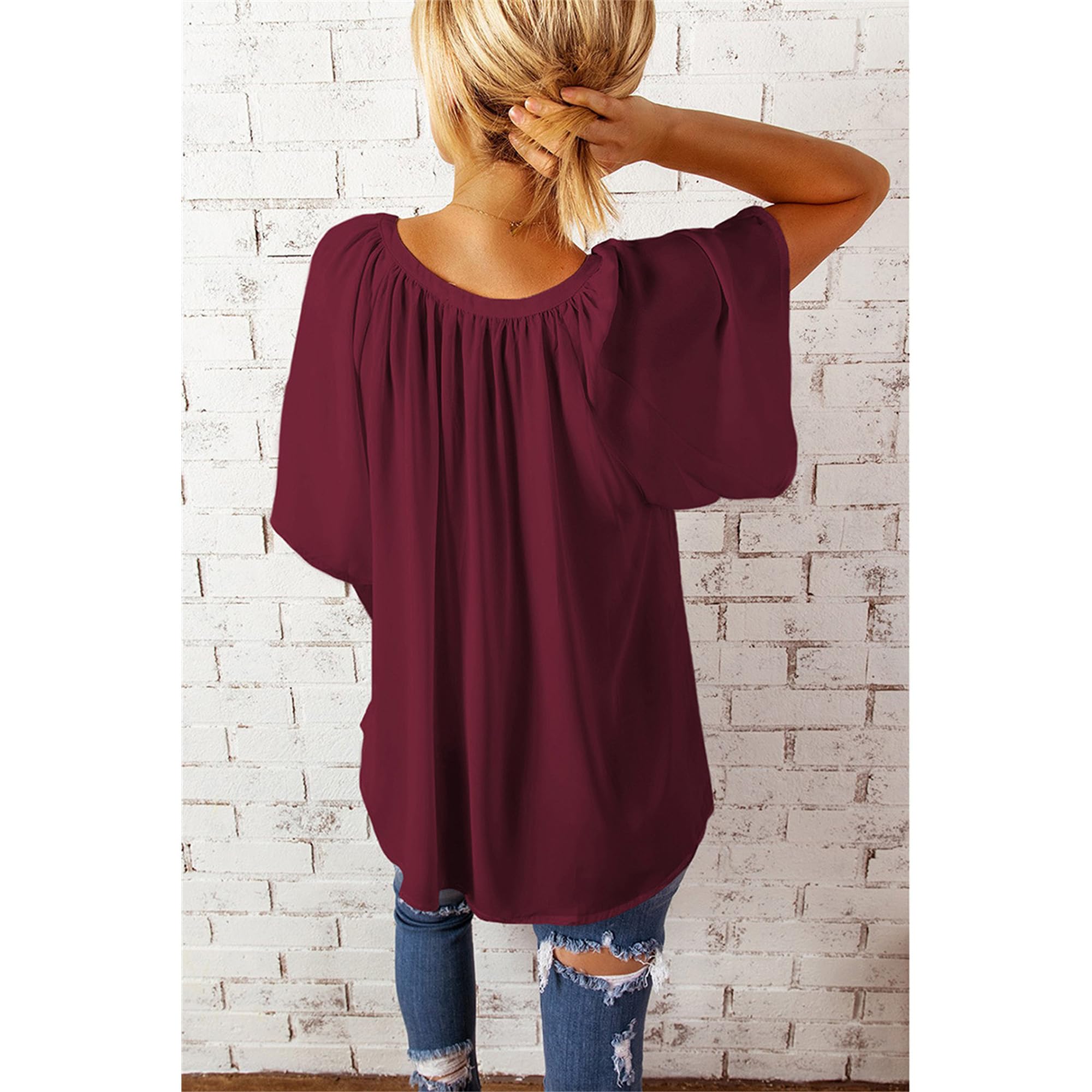 JEKE-DG Womens 3/4 Sleeve Chiffon Blouse Shirt Loose Pleated Flowy Tunic Tops Casual V Neck Solid Summer Shirt (XX-Large,Wine Red)