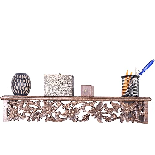 Hand Carved Wooden Wall Shelf - Walnut Color