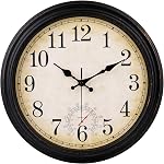 Horloge extérieure 16 pouces, grandes horloges murales étanches avec thermomètre pour salon, patio, piscine, jardin (Bronze)