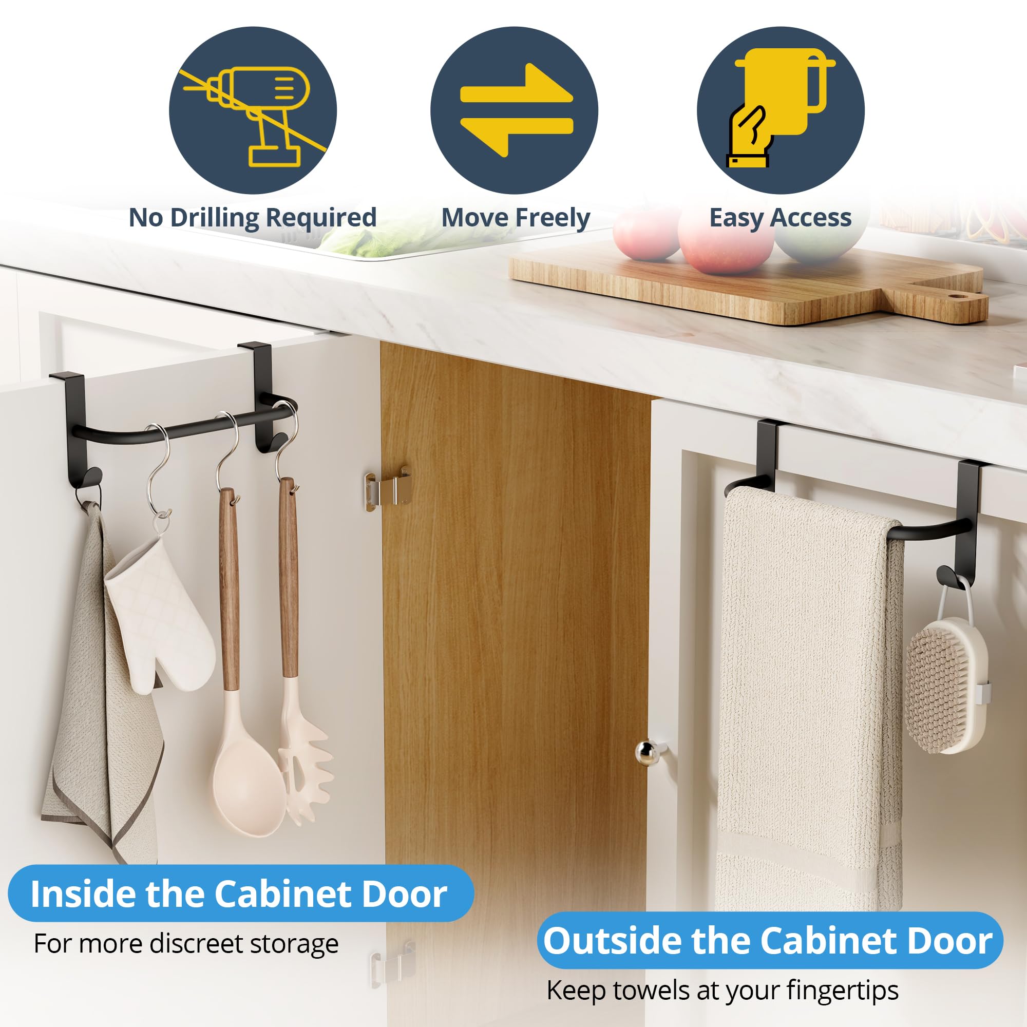 SAYAYO Porta Asciugamani Nero, Appendi Strofinacci Cucina, Porta Strofinacci Cucina con 2 Ganci, Appendini per Armadio, Cassetto, Bagno, Senza Forare, 2 Pezzi, 23CM