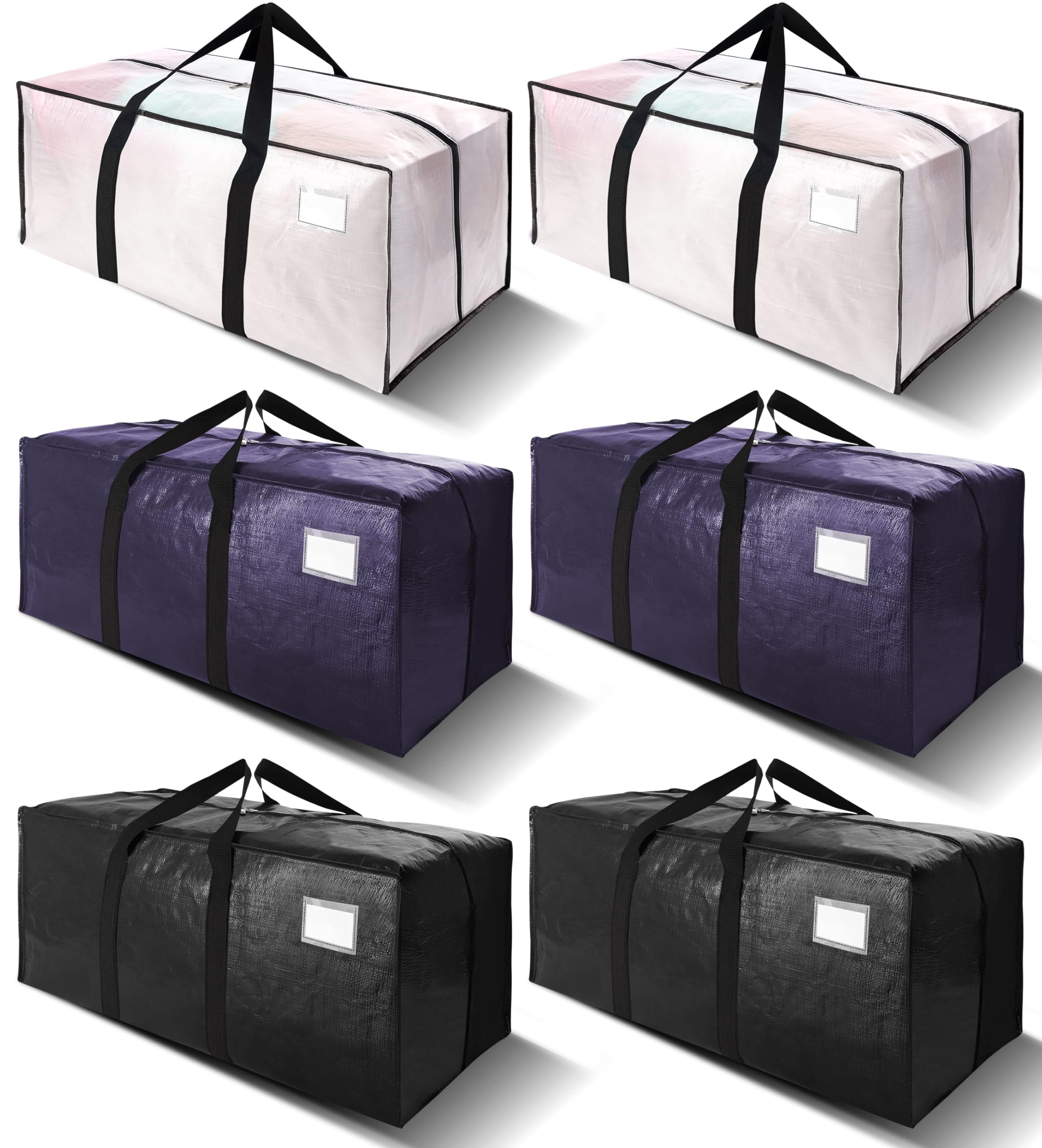 VELVETSURE 6 Pack Heavy Duty Large Moving Bags W/Backpack Straps - Strong Handles & Zippers, Storage Totes, Fold Flat, Alternative to Moving Box and Storage Bin, Semi-Transparent+Blue+Black