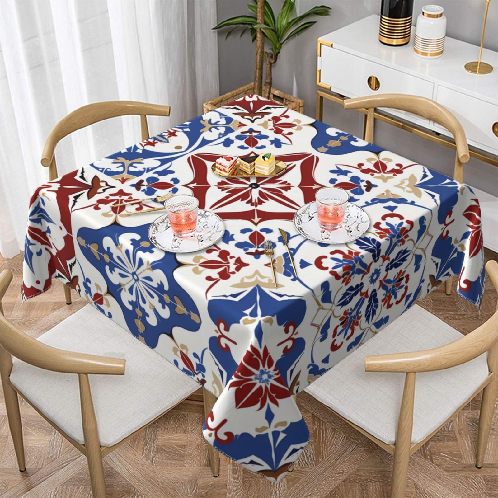 Ethnic Moroccan Tile Pattern Square Table Cloth 140x140 cm Washable Stain Resistant Tablecloth Decorative Table Cover for Dining Party