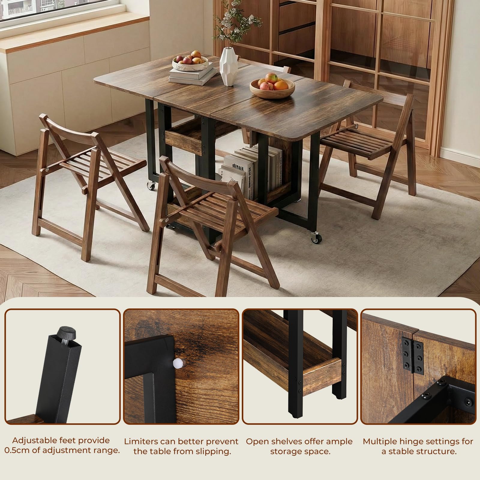 Clevich Tavolo da pranzo pieghevole mobile con 2 ripiani, per 4-6 persone, ideale per spazi ridotti, ingombro da chiuso: solo 0,218 m³, per cucina e casa, 133x80x75 cm, legno di tigre.