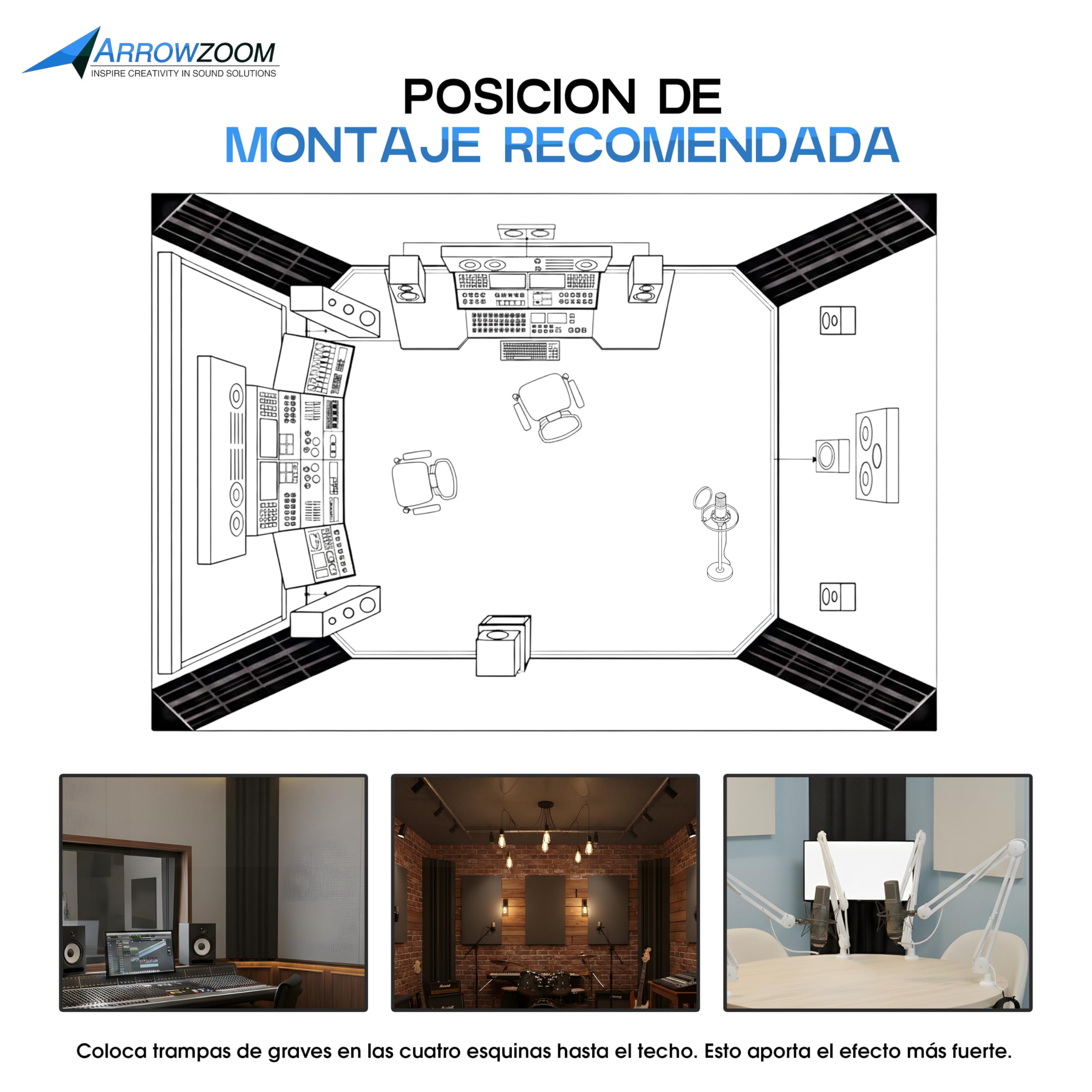 Arrowzoom 4 Bass Trap Acústicos 12x12x48cm Absorbentes Negro | Paneles acústicos para bajas frecuencias 60-300Hz con espuma absorbente para estudio, grabación, gaming y tratamiento