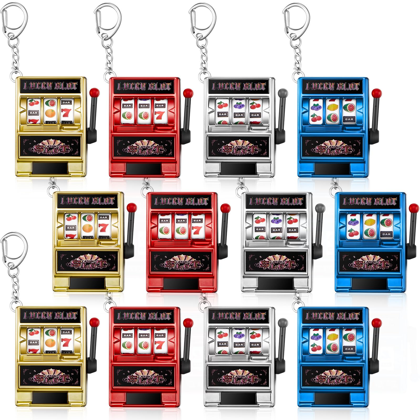 Panelee Slot Machine Keychain Las Vegas Keychains Mini Casino Kawaii Decoration for Las Vegas Carnival Party Gifts(Red, Gold, Blue, Silver,12 Pcs)