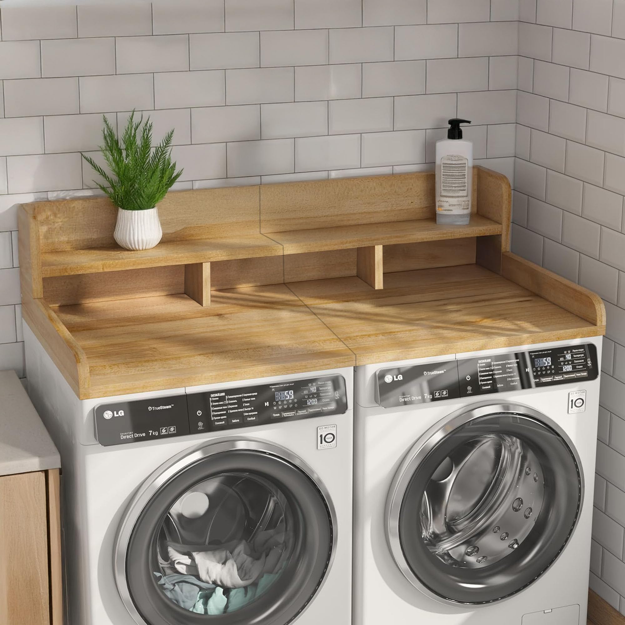 HRVEOCEI 2-Tier Washer Dryer Countertop with Shelf, Laundry Countertop over Washer and Dryer with Edge, Washing Machine Topper Shelf with Storage for Efficient Organization (Natural Wood)
