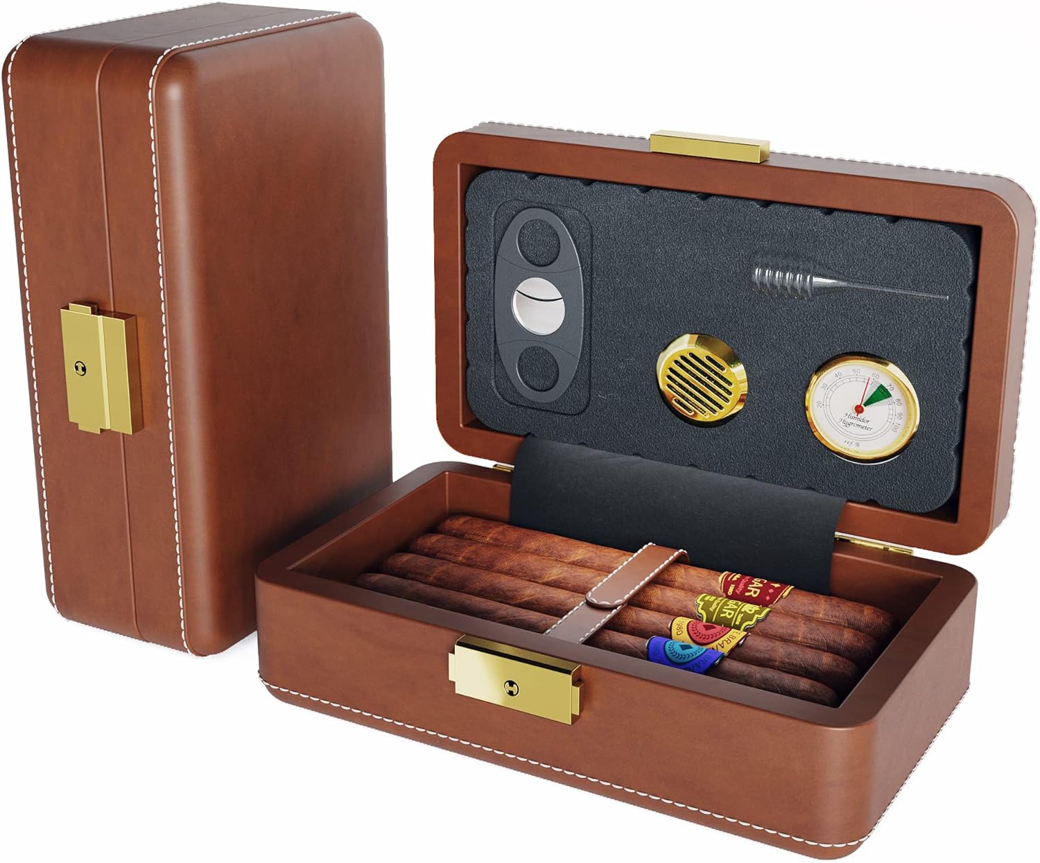 Brown Genuine Leather Cigar Humidors Travel Humidor