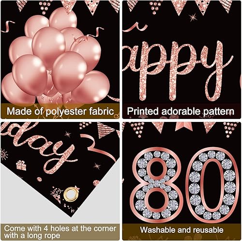 Miniatura 6 de Cartel de feliz cumpleaños número 80 para mujer, suministros de fiesta de cumpleaños de 80 años de color oro rosa, póster fotográfico para