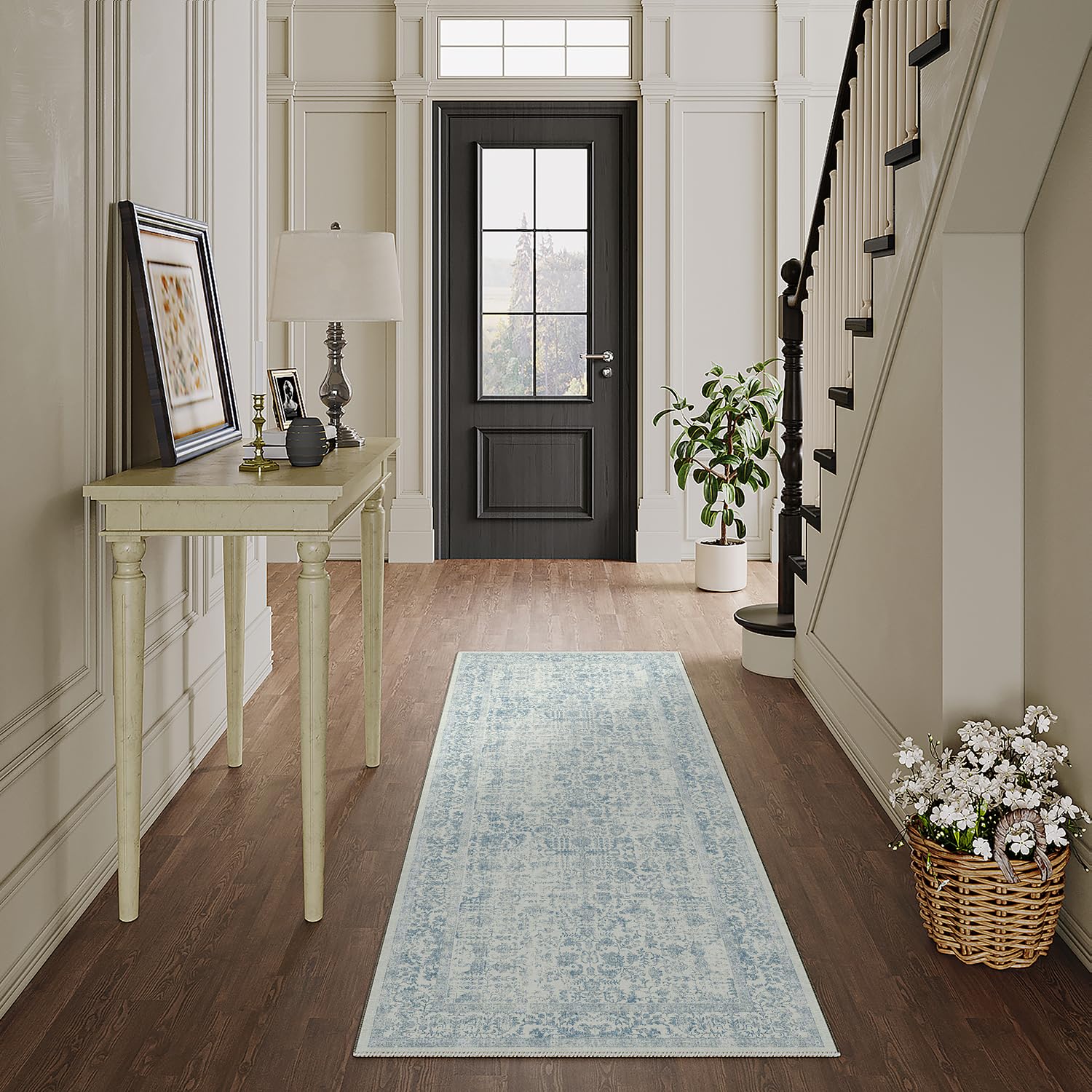 HUGEAR Vintage Passatoia Tappeto Corridoio Blu Tappeti 60x180cm Cucina Antiscivolo Lavabile in Lavatrice Tapette Camera da Letto Scendiletto Cameretta Ufficio Pelo Corto Lungo Carpet