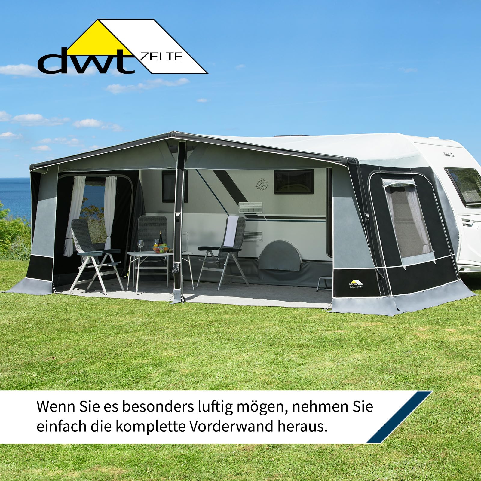 DWT aufblasbares Vorzelt für Wohnwagen - Prime Air II - herausnehmbare Vorder- und Seitenwände - Ganzzelt 240 cm Tiefe - Air-In-System