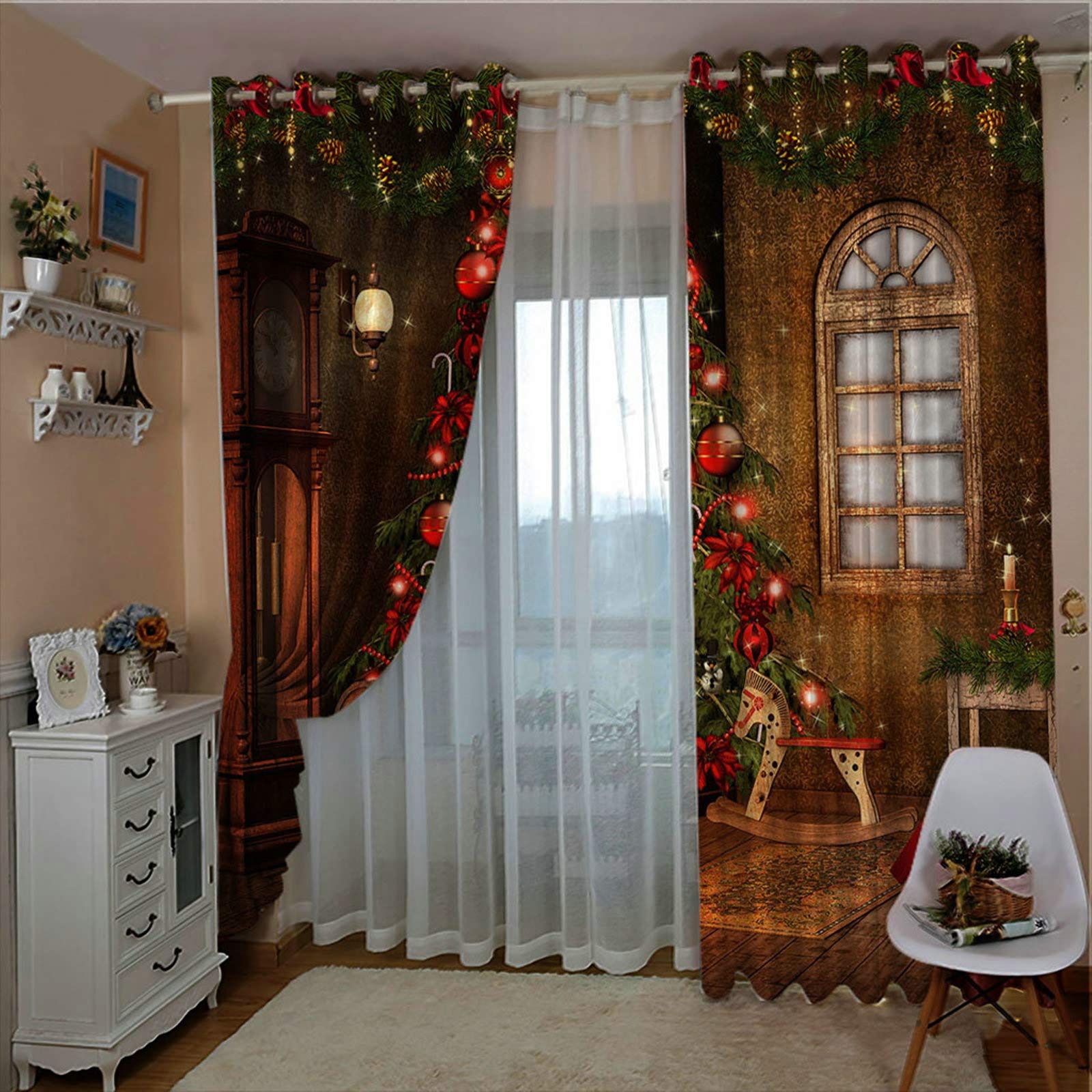 Aeici Zestaw zasłon okiennych 2 panele, dekoracja świąteczna pudełko na choinkę brązowe zielone czerwone zasłony zaciemniające 264 x 244 cm