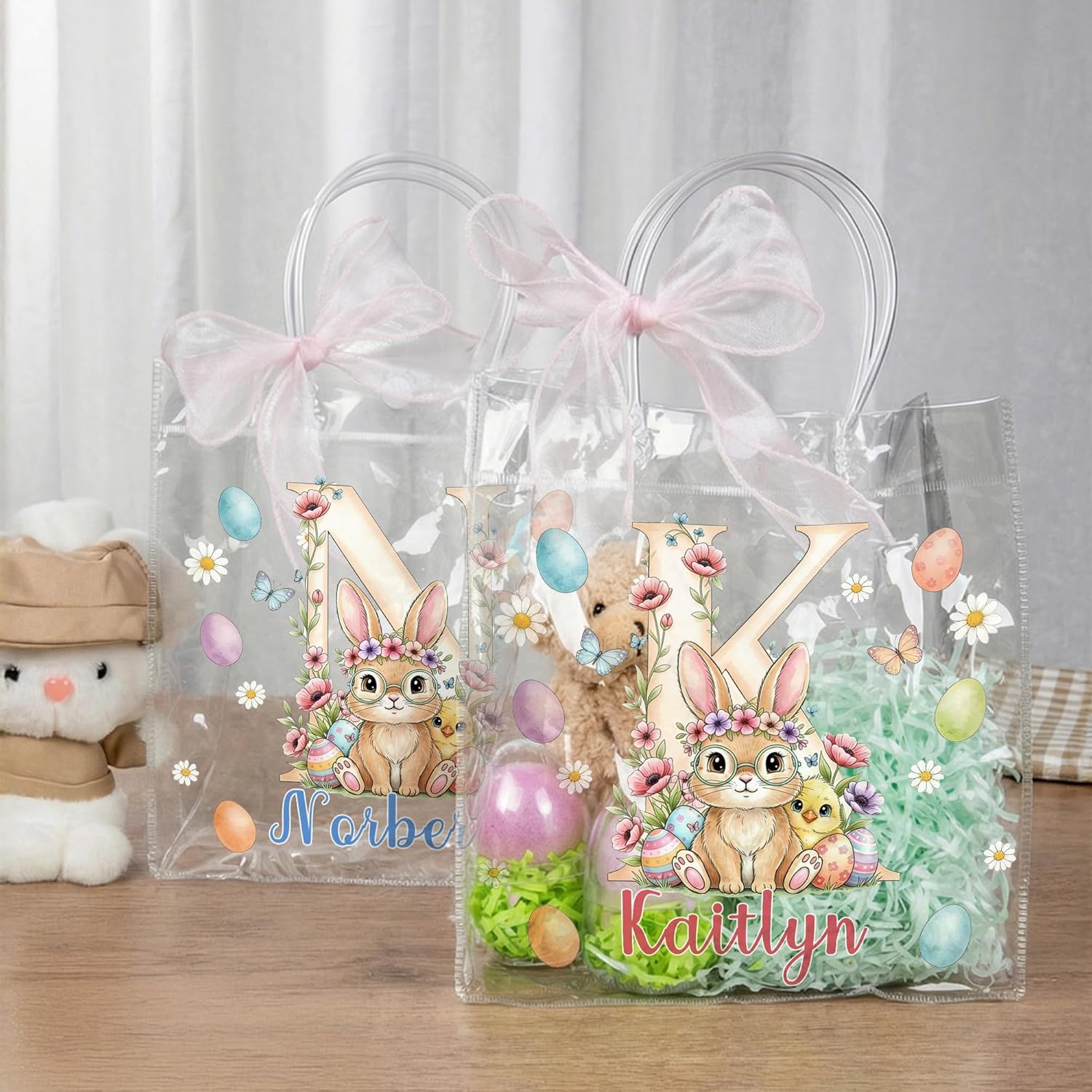 Personalized Clear Gift Bag with Handles | Custom Name Cute Easter Pattern Reusable Clear Party Favor Bags with Ribbon | 7.87" × 7.87" Tote Goodie Bag | Easter Party Favors Gift Bags for Kids Wedding Birthday Valentine's Day - Image 2
