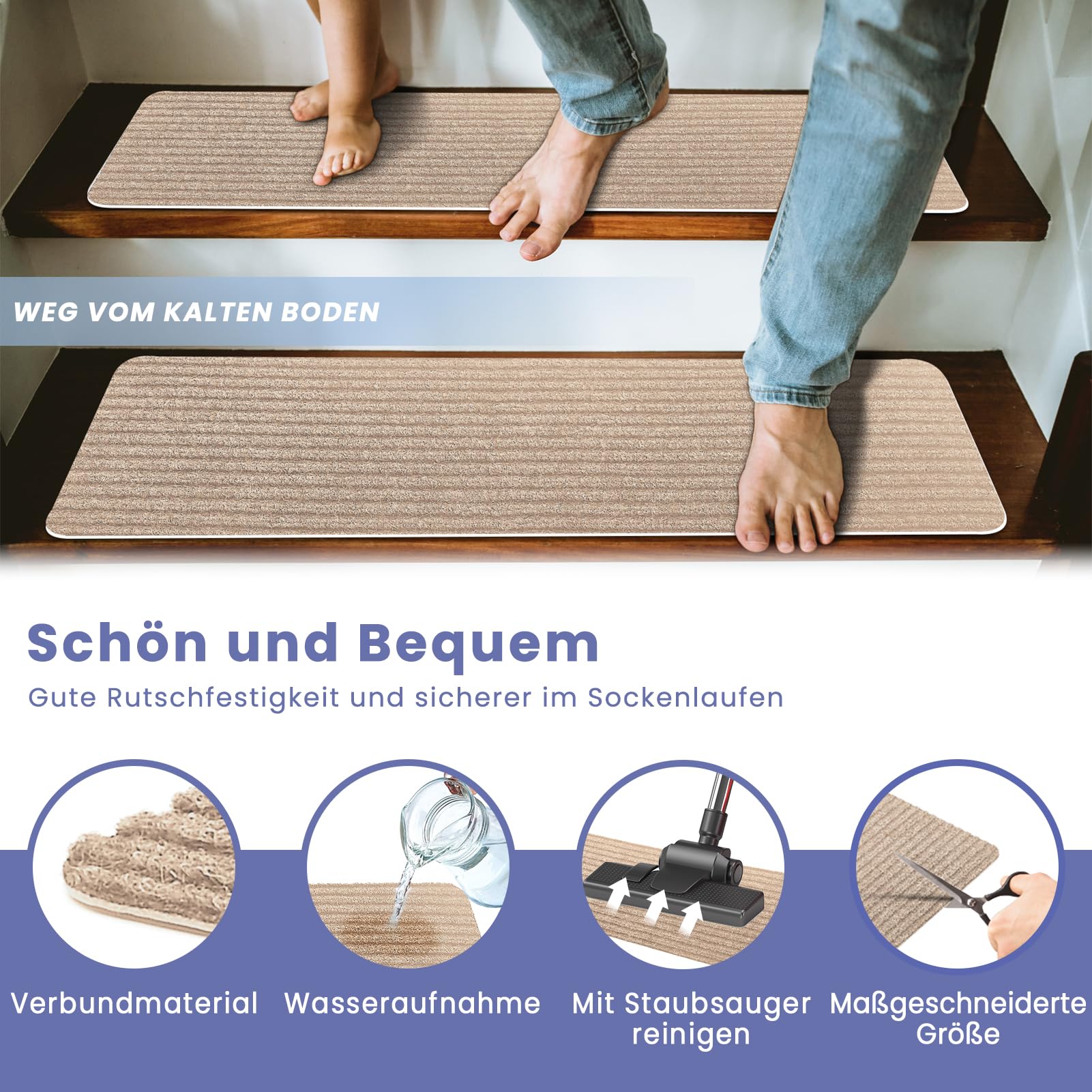 Treppenstufen Matten, Stufenmatten Selbstklebend Innen 15 Stück, Treppenstufen Antirutsch Zuschneidbar Wiederverwendbar für Schützen Sie Haustiere, Senioren Kinder (Beige, 76cm x 20cm)