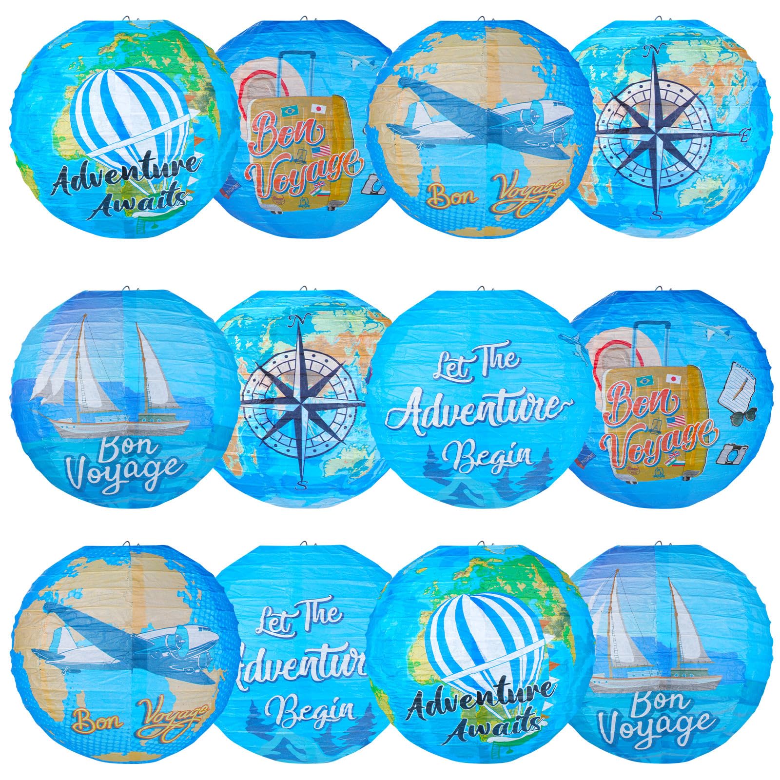 Panelee 12 Pcs Travel Around The World Party Decorations Bon Voyage Paper Hanging Lanterns 8 Inch Adventure Travel Round Paper Lanterns for Office Classroom Party Decorations Supplies Indoor Outdoor