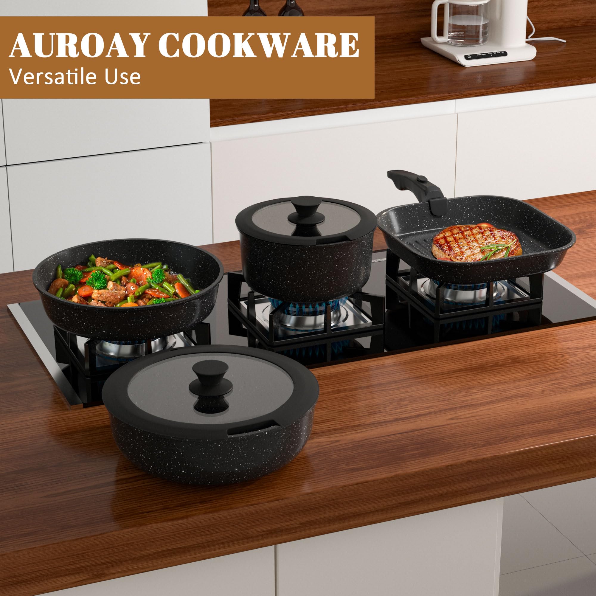 Gimars 14pcs Set di Padelle Antiaderente da 14PCS con 2 Manici Rimovibili | Padella da 20 26cm,Casseruola 20cm,26cm Griglia,4 Coperchi 4 Utensili,Senza PFOA PFTE per Induzione Gas Forno