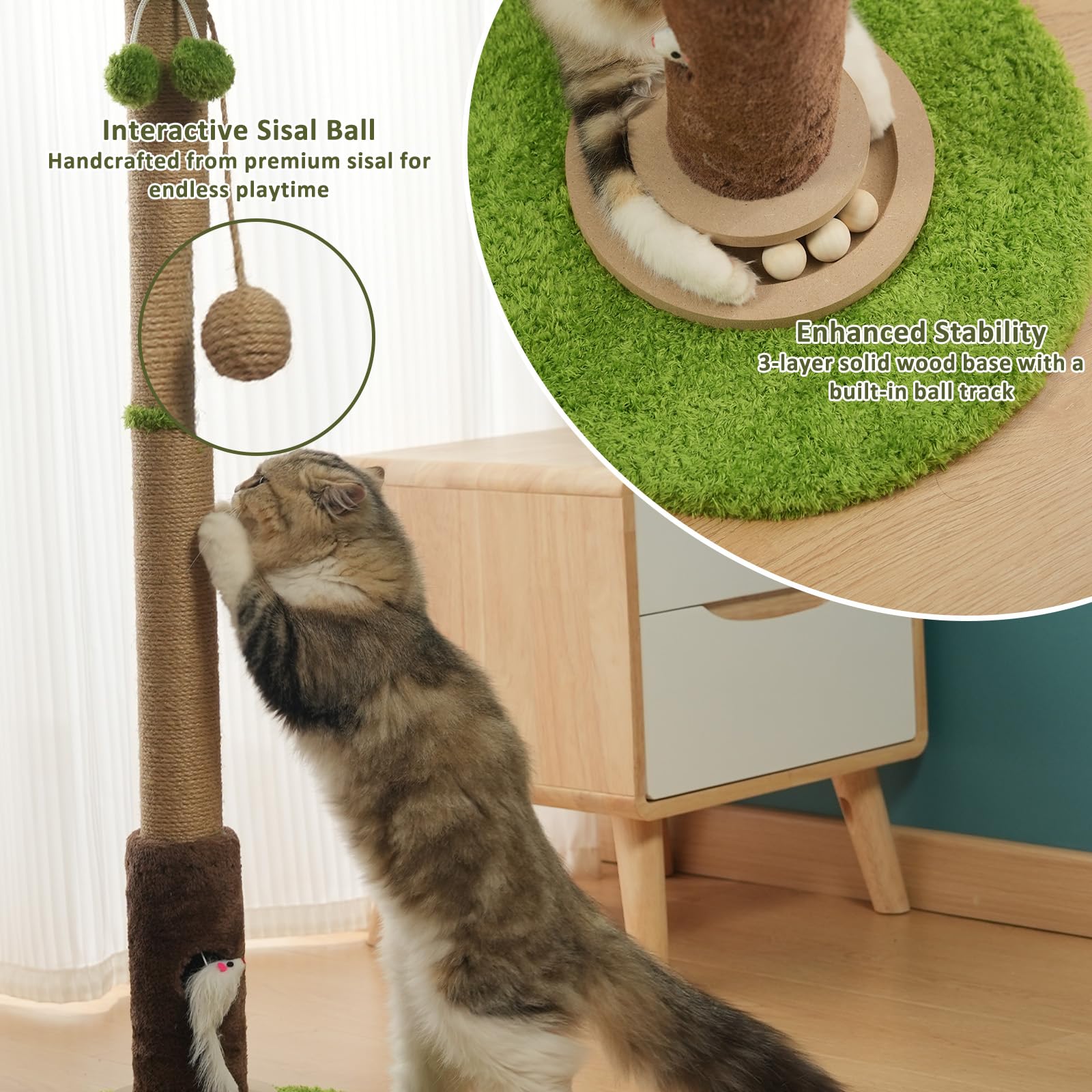 93 cm Kratzbaum, niedlicher Sisalseil-Kratzbaum mit baumelnden Bällen für Kätzchen & kleine Indoor-Katzen, langlebige und interaktive Kratzbäume (L)