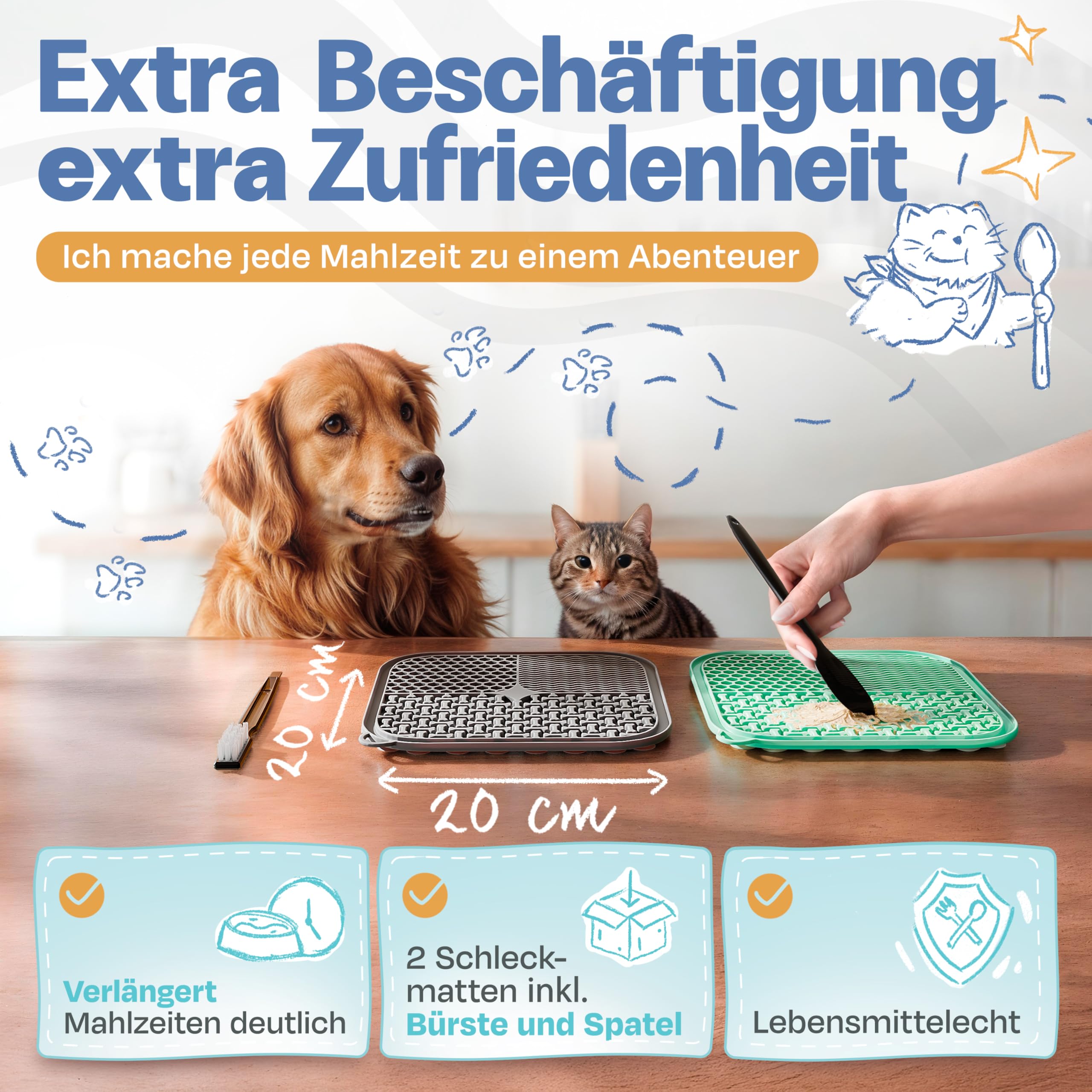 TIERFEIN – Schleckmatte Hund mit Saugnäpfen (2er Set, 20x20 cm) – Schleckmatte Katze zur Beruhigung & Förderung von langsamen Fressen – Leckmatte Hund inkl. Spatel & Bürste, BPA-frei