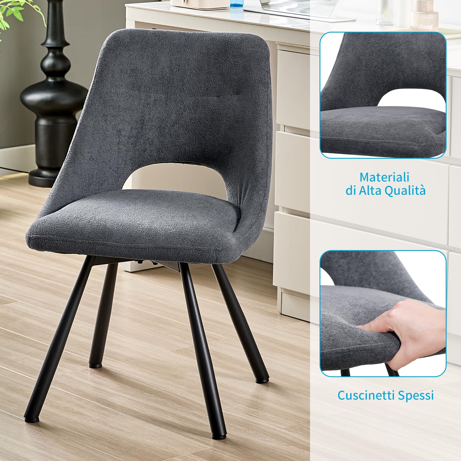 ANVOFONG Set di 6 Sedie da Pranzo Girevoli, Rotazione 180°, Sedia Girevoli, Cotone Cashmere con Piedini in Metallo Nero per Sala da Pranzo, Cucina, Camera da Letto, Grigio Scuro