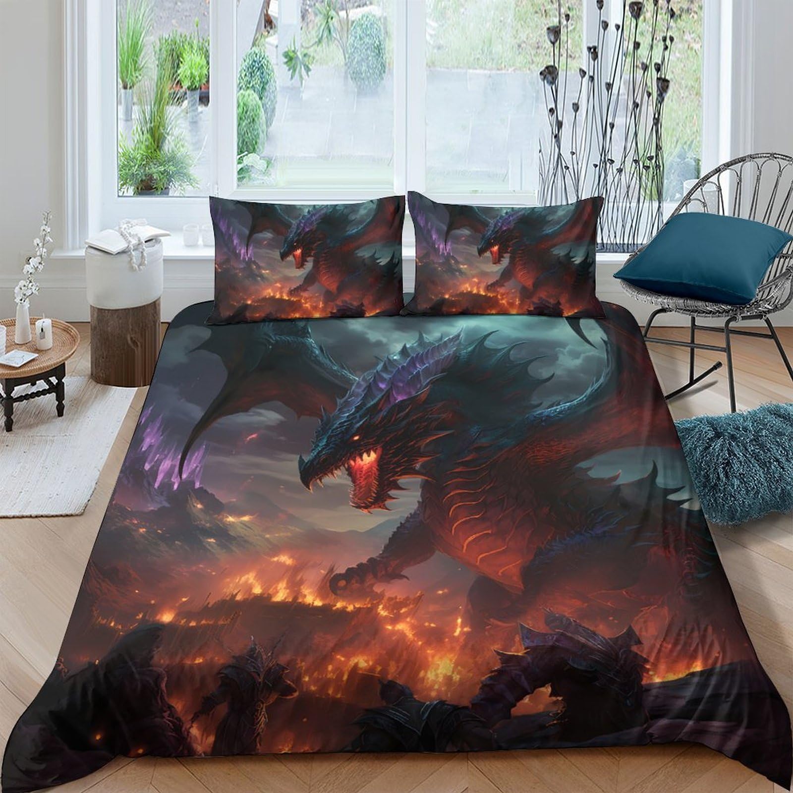 Ctjqhvkz Style-2 3D Printed Fire Dragon Fitted Sheet Microfiber Anti-Slip Protection Fantasy Night Mattress Cover Bedroom Decor Single（135X200cm）