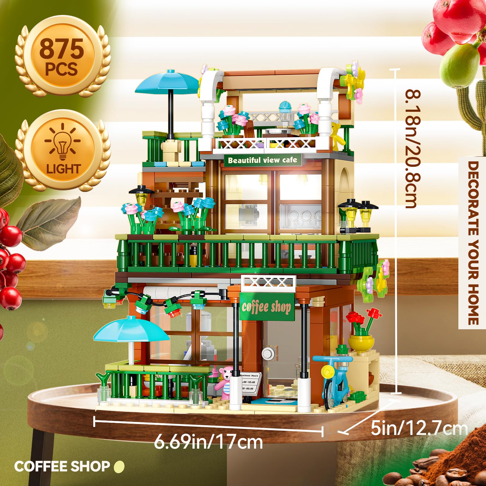 Juego de construcción 3 en 1 Street View Coffee Shop de ciudad, compatible con City House Modular Simulación Arquitectura Juguete de construcción con luces LED, regalo para adultos y niñas niños 4
