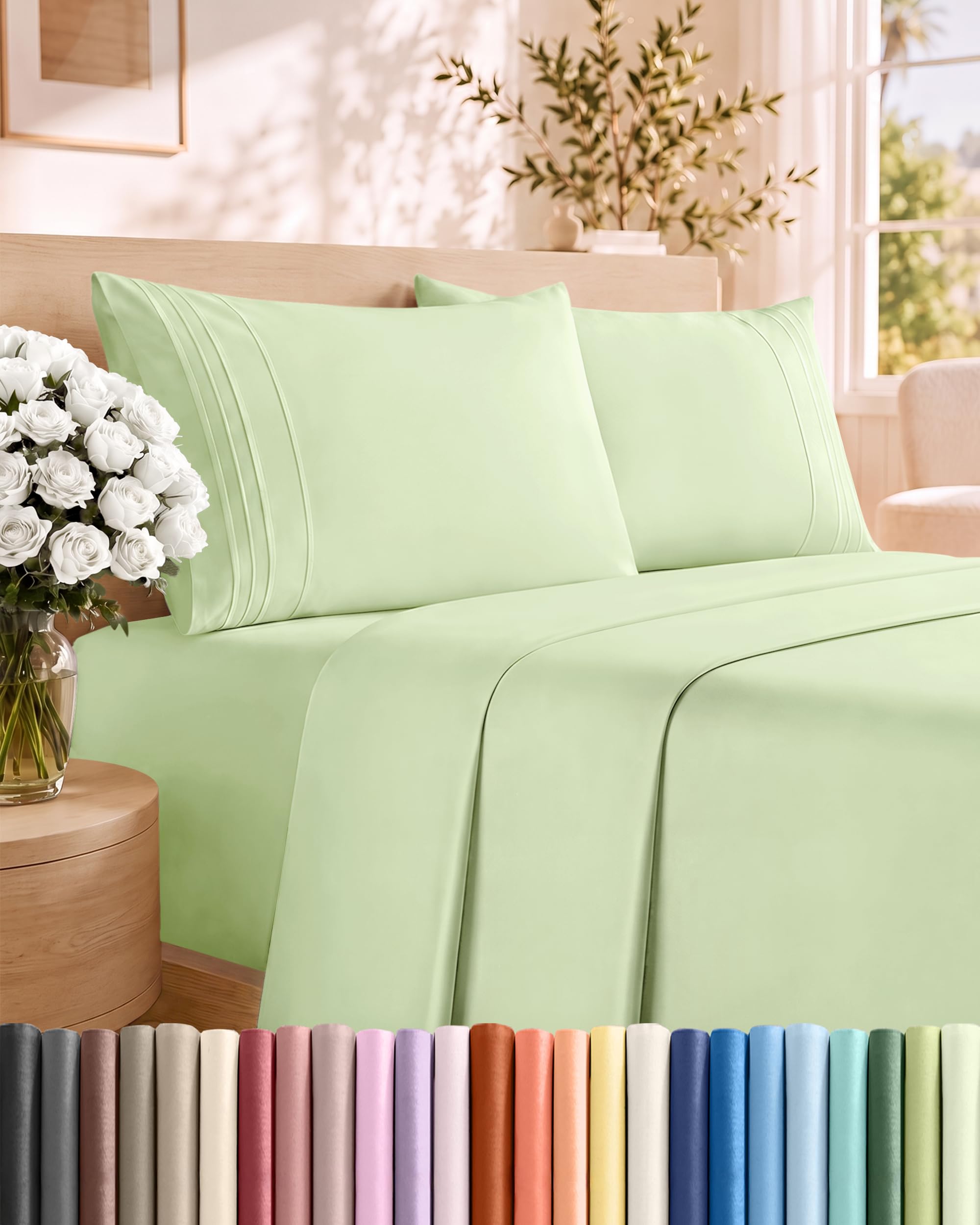 Full Size 4 Piece Sheet Set - Comfy Breathable &amp; Cooling - Light Sage Green