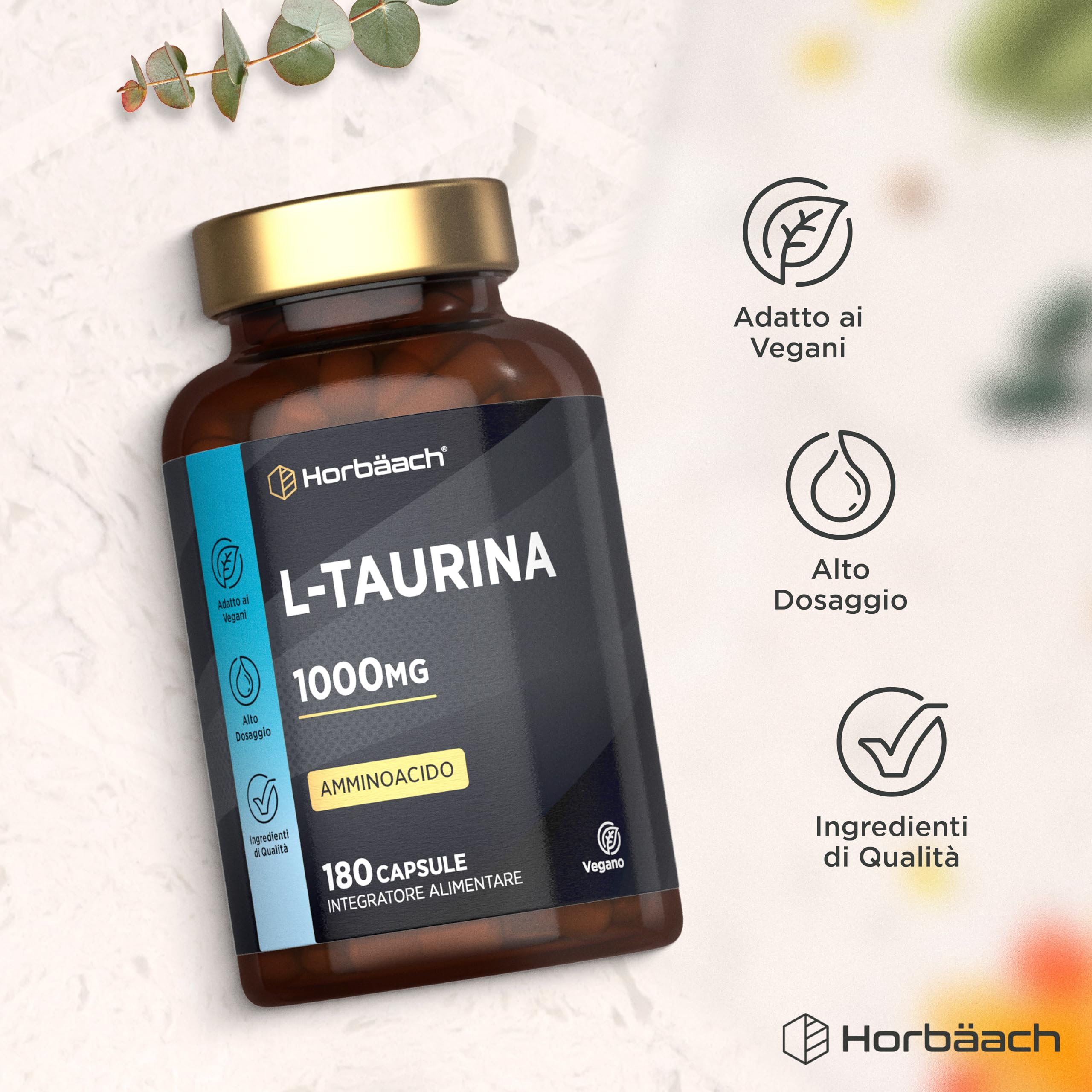 Taurina 1000 mg per Dose | 180 Capsule Vegane per 3 Mesi | Aminoacidi Essenziali Pre Workout Post Workout | L-Taurine Amino Acid | di Horbaach