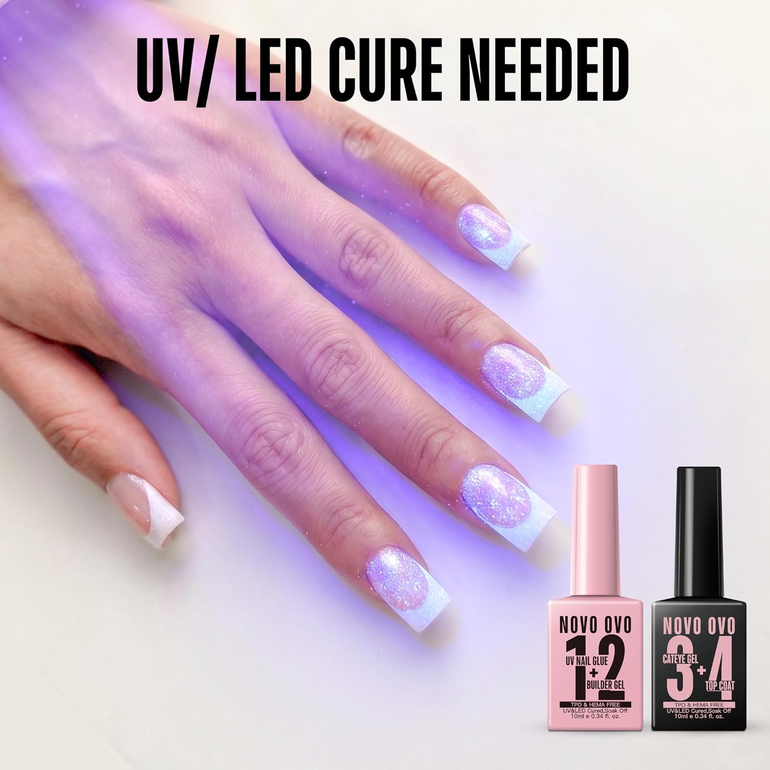NOVO OVO UV Nail Glue (Also Work as Builder Gel) and Top Coat (with Cat Eye Effect) Kit, Hema TPO Free, Super Strong Adhesive for Press on Acrylic Nails, CatEye Gel Glitter Polish, Magnet Included